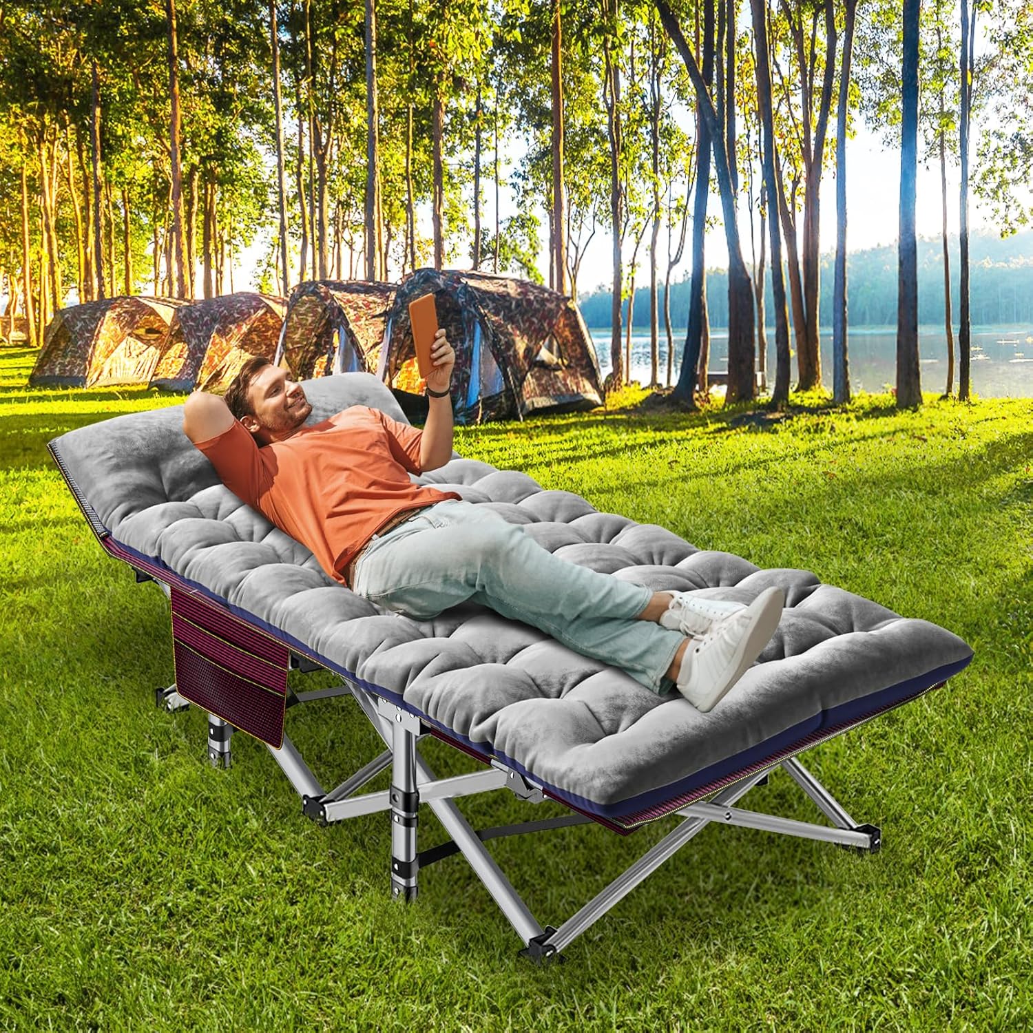 ABORON Folding Camping Cot W/Mat for Adults, Heavy Duty Outdoor Bed with Carry Bag,1200 D Layer Oxford Travel Camp Cots