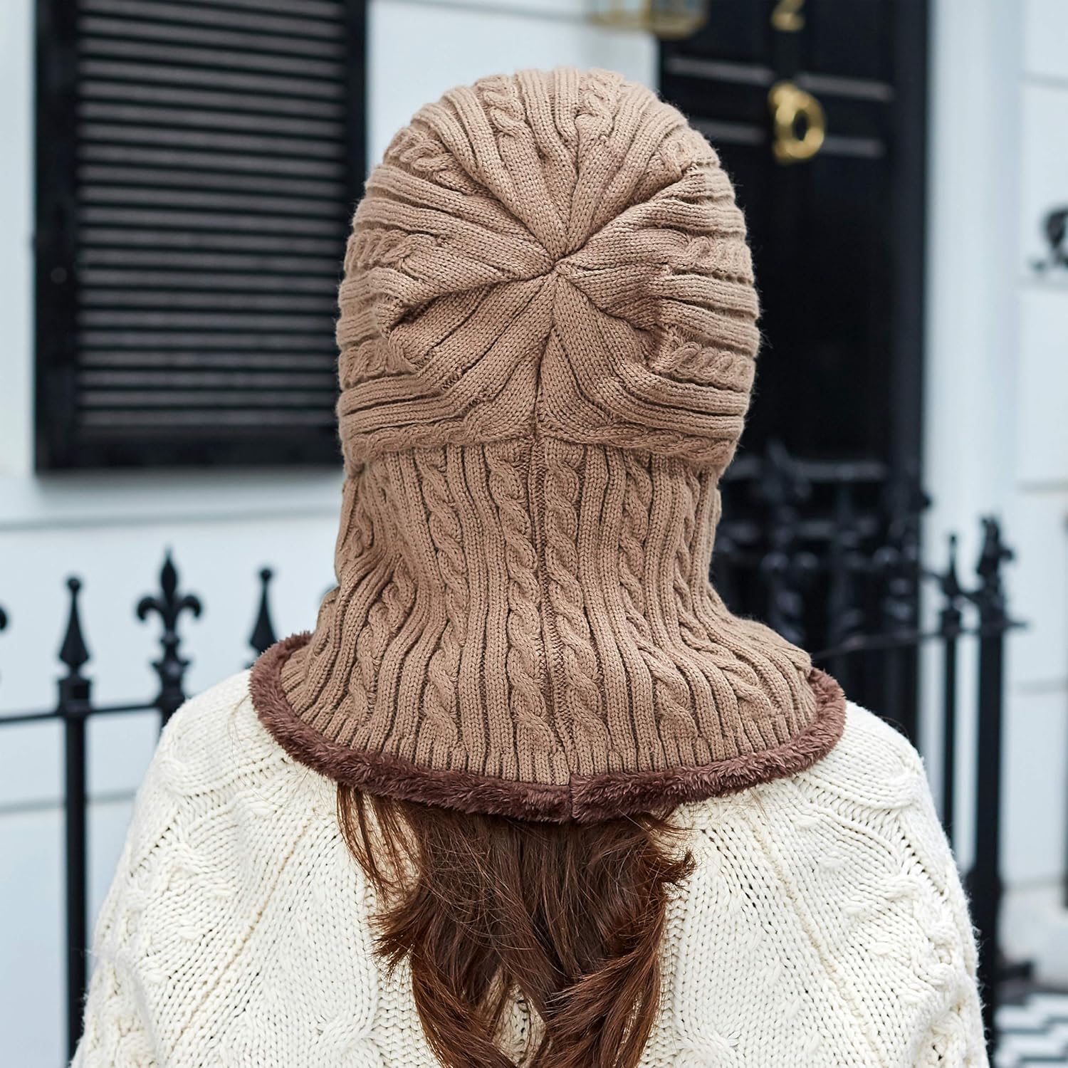 Women Winter Beanie Hats One-Piece Fleece Lined Knit Balaclavas Mask Set Skull Neck Circle Scarf Ski Snow Hat Cap with Pompom - Image 3