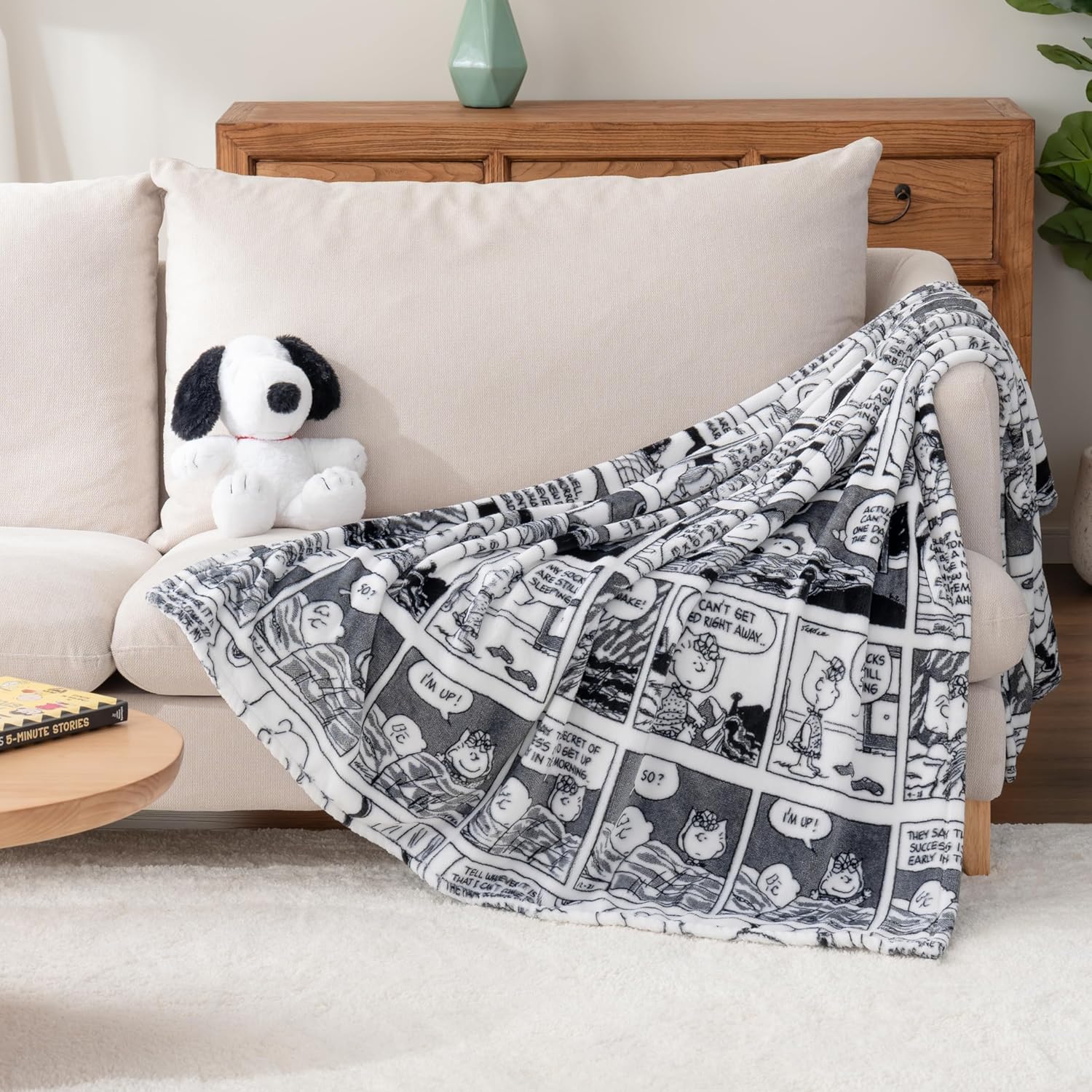 Berkshire Blanket Peanuts® VelvetLoft® Cute Character Snoopy Plush Oversized Kids Throw Blanket, I'm Up! Peanuts Comic Strips White (50in x 60in) - Image 6