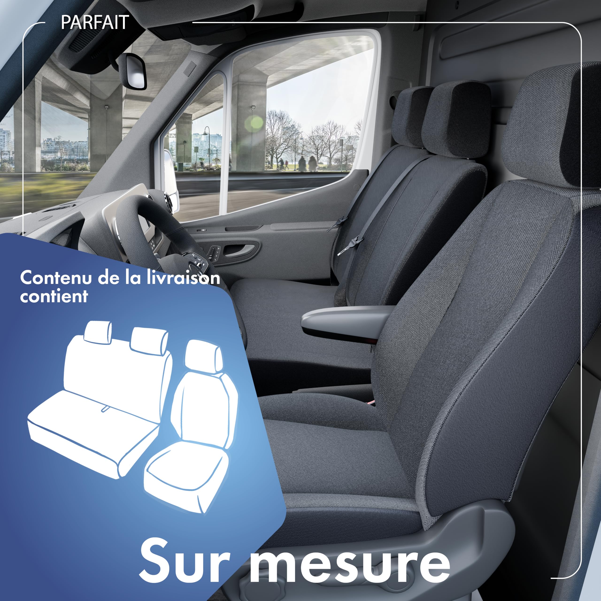 WALSER 10497 Housse de voiture Transporter sur mesure, housse de siège en tissu anthracite compatible avec Opel Vivaro, Renault Traffic, Nissan Primastar, banc simple et double