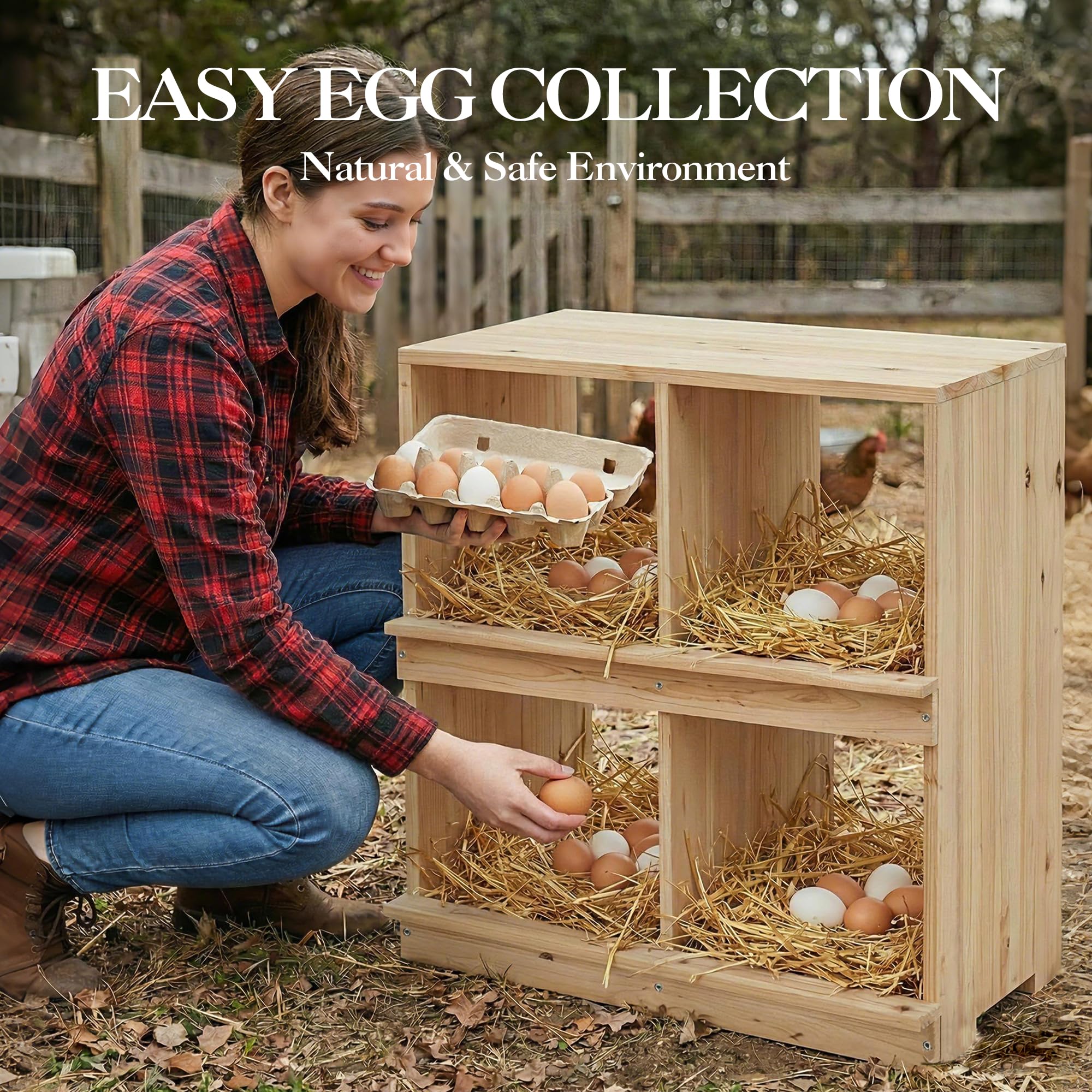 Garvee Gallinero de Madera con Nidal de Doble Capa de 4 Compartimentos, Caseta para Gallinas Ponedoras, Diseño Rural con Techo Inclinado, Montaje Sencillo, para Interior del Corral, Madera Natural