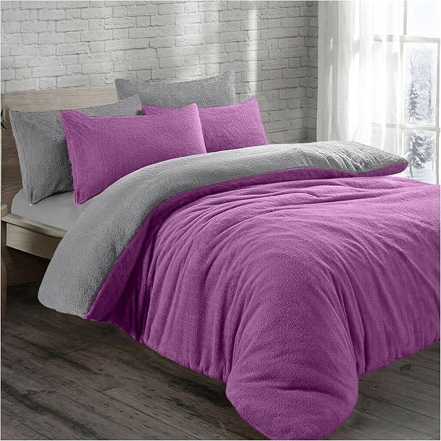 Lions Reversible Teddy Fleece Bedding - Ultra Soft Fluffy King Size Duvet Cover Set with Pillowcase, Cuddly Thermal Warm Plain Quilt Covers, Lilac Grey, 230x220cm