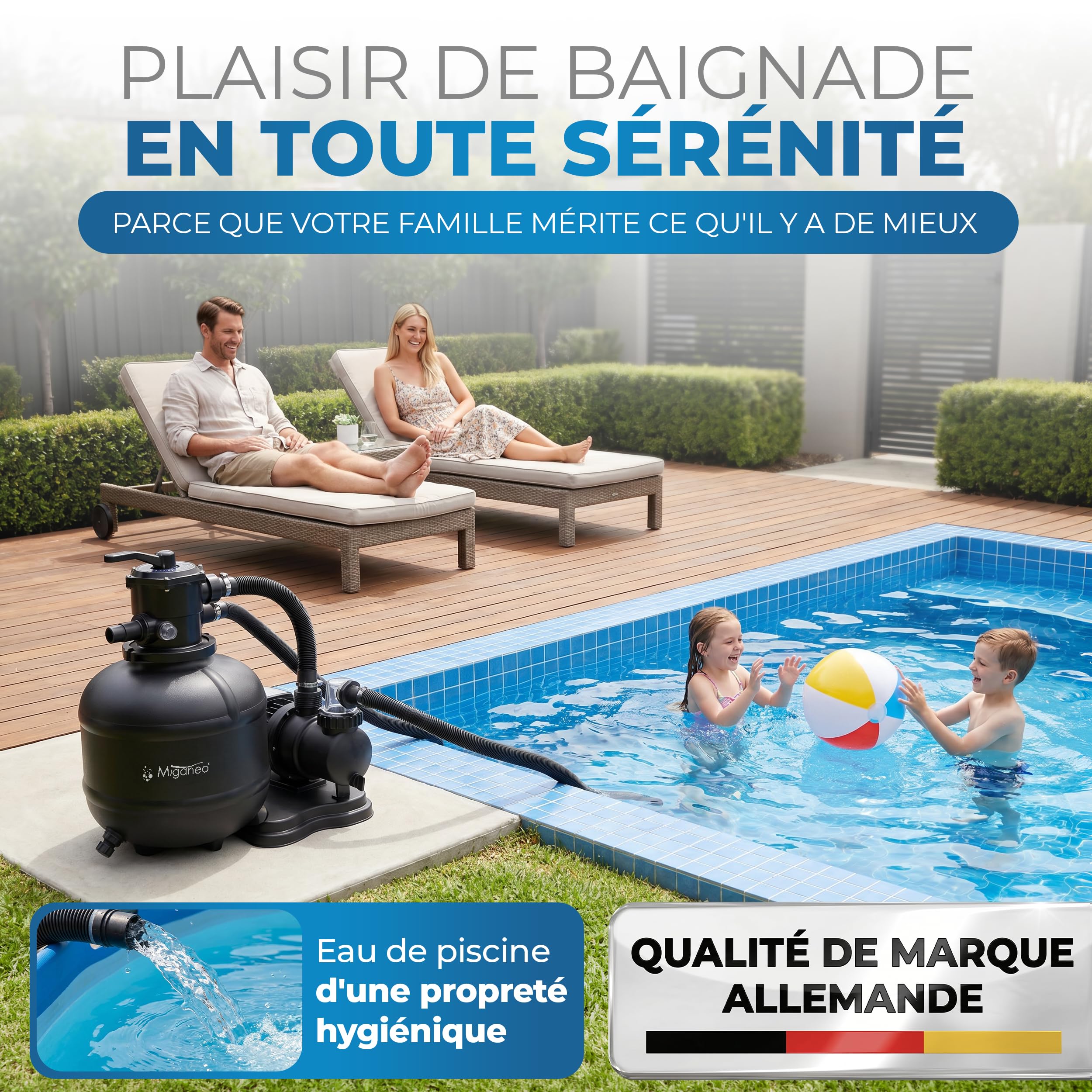 Miganeo Filtre à Sable Dynamic 8000 Pro - Noir | 8000 l/h | Système de filtration pour piscines | Chaudière 370 mm | auto-suceur