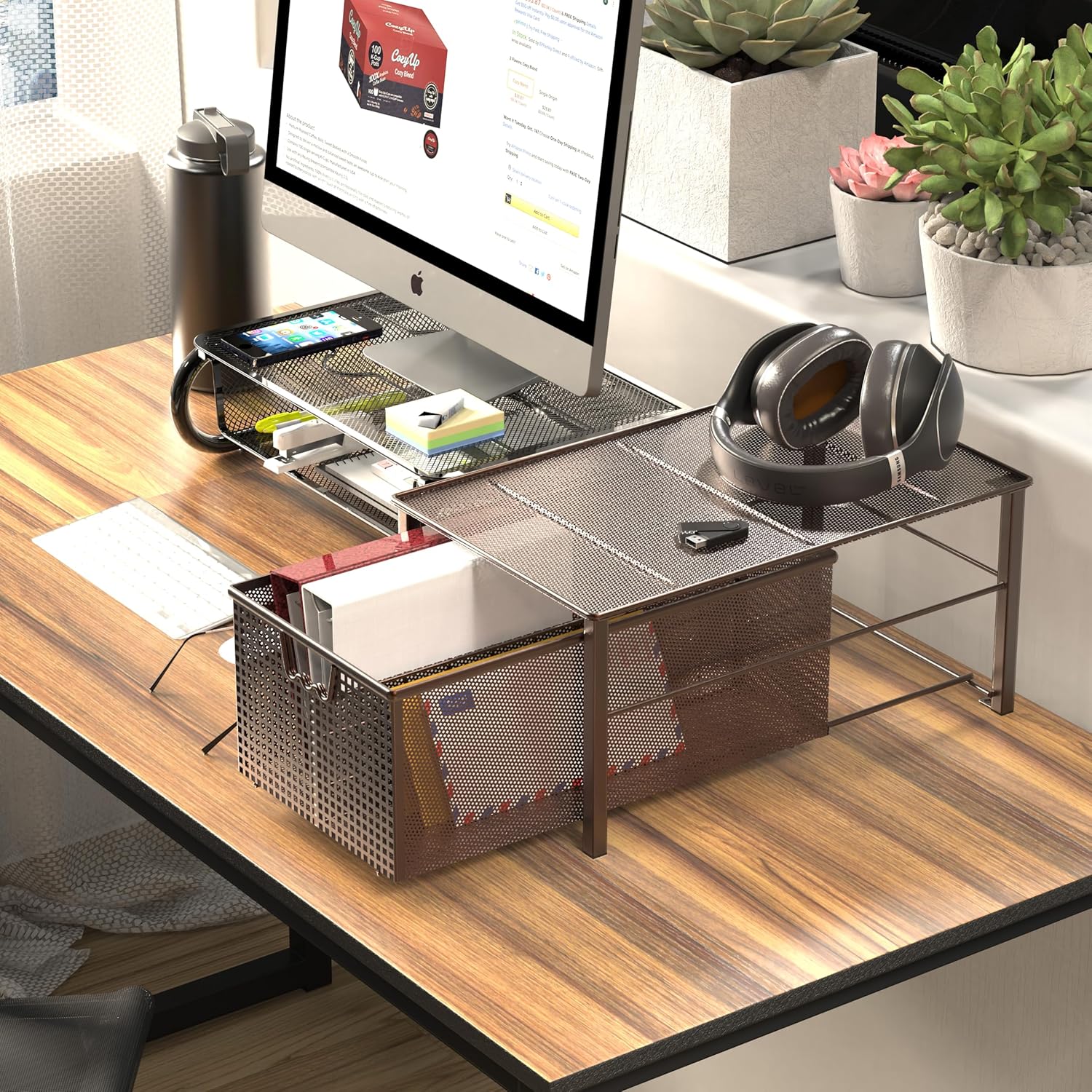 Deco Brothers Stackable Pull Out Cabinet Sliding Basket with Dividers, Large, Bronze