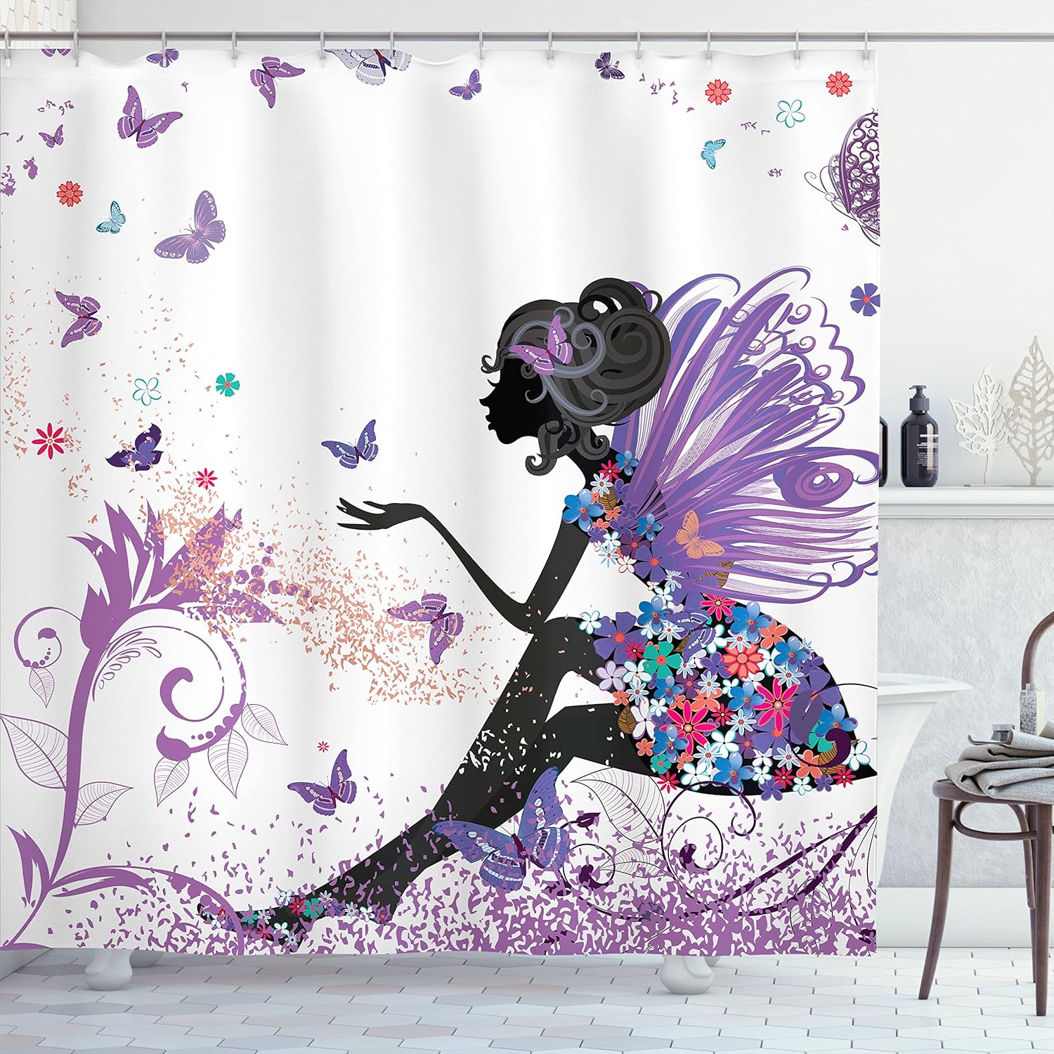 Ambesonne Fantasy Shower Curtain, Spring Girl Wings in a Floral Dress Surreal Garden Butterflies Print, Cloth Fabric Bathroom Decor Set with Hooks, 69" W x 75" L, Fuchsia White