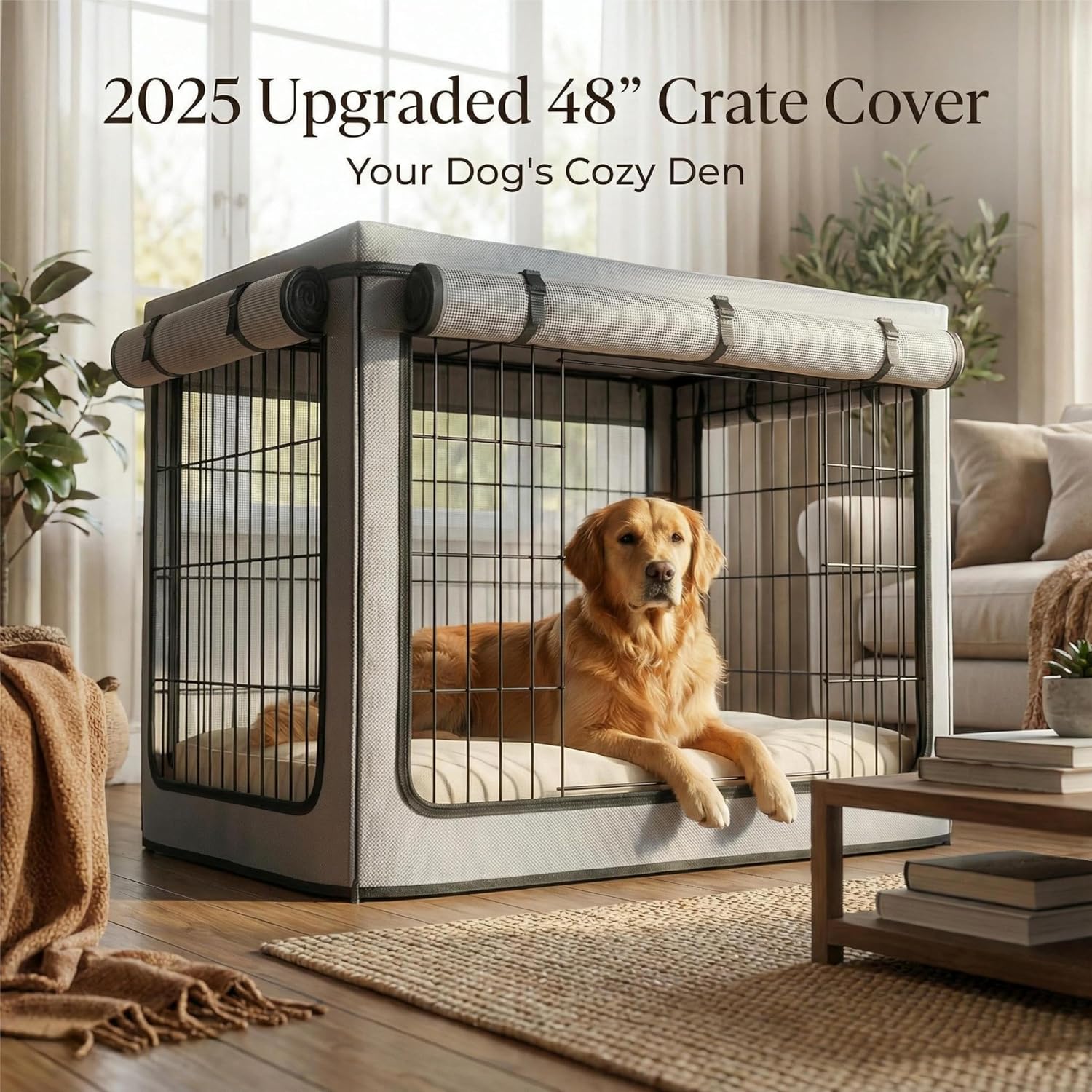 Dog Crate Cover, Heavy Duty 1680D Waterproof Oxford Cloth with Breathable Mesh & Detachable Sunshade, Universal Fit for Wire Crates, All-Weather Indoor Outdoor Use (48-Inch)