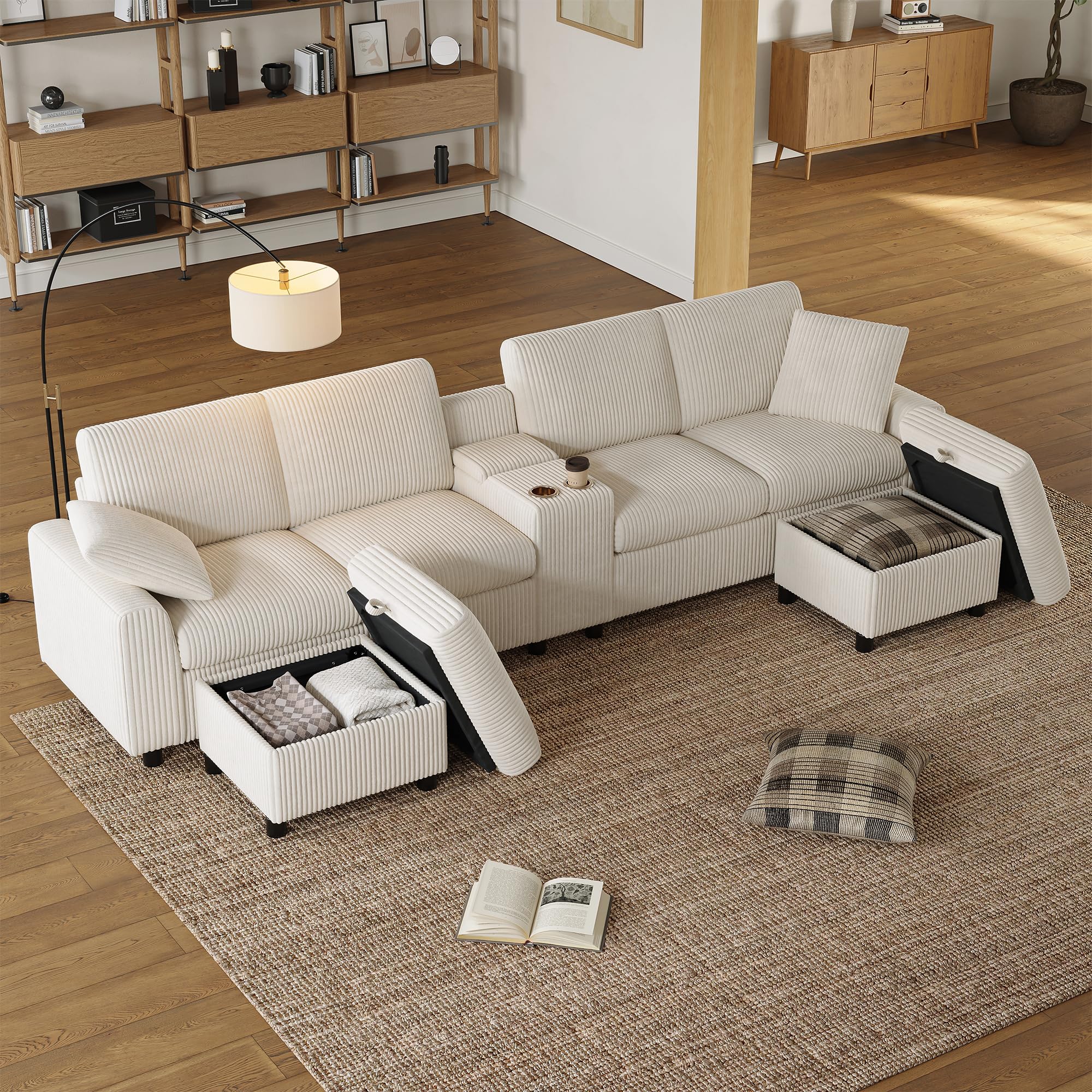 Divano a forma di U in Corduroy, beige, 140 x 320 cm, con 2 poggiapiedi con funzione di stoccaggio, tavolino da caffè, 2 portabevande