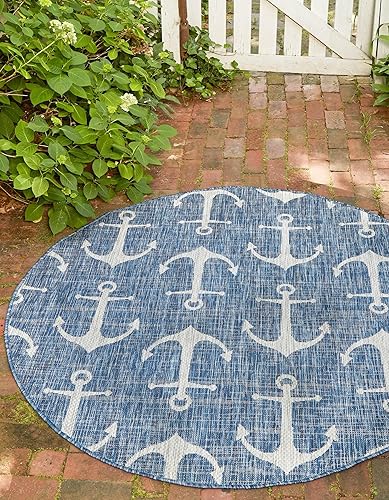 Unique Loom - Alfombra redonda de la colección Outdoor Coastal, estilo Ahoy (5pies 3pulgadas, azulmarfil)
