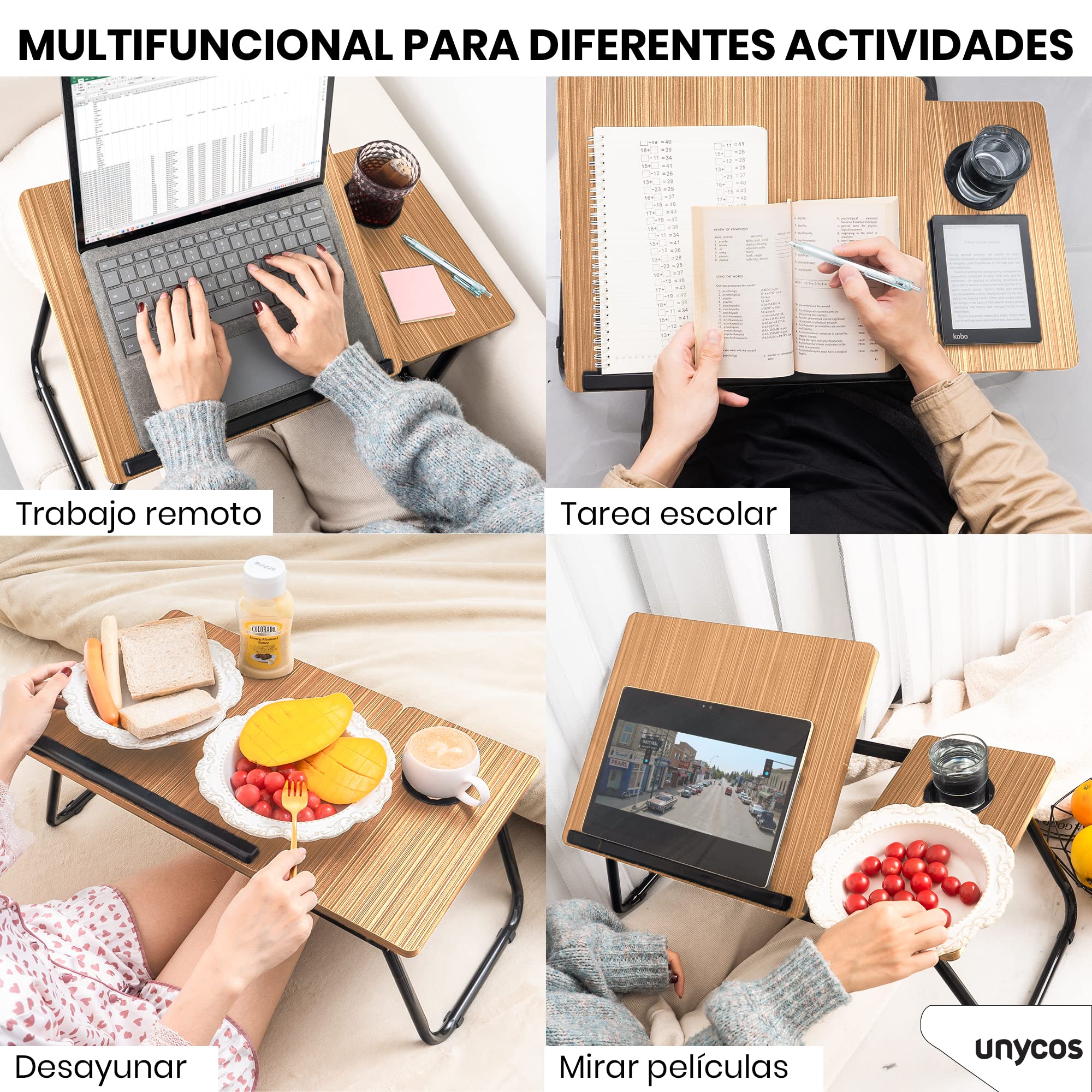 unycos - Bandeja para Cama y Sofá Reclinable, Mesa Plegable de Desayuno con Portavasos para Ordenador Portátil y Libros, Mesita Auxiliar en MDF/Acero/Plástico 56x33x23cm | 22,04" x12,99 x9,05 (Nuez) — view 4