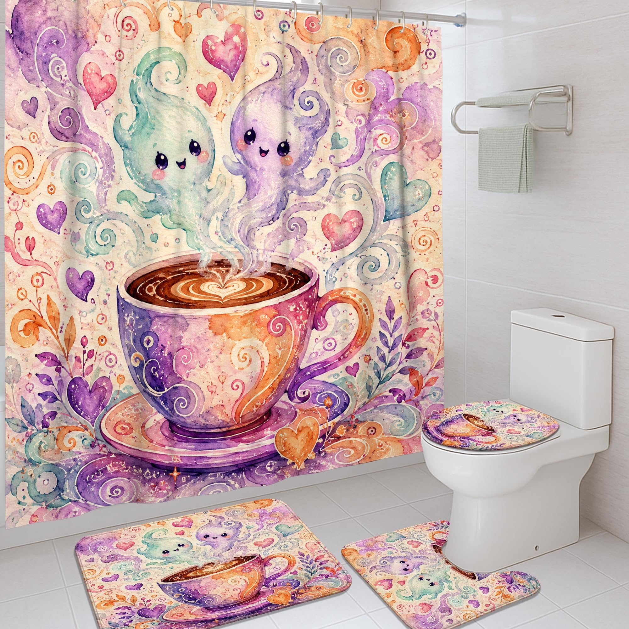 Rideau de douche fantômes mignons et cœurs violets : décorez votre studio avec fantaisie