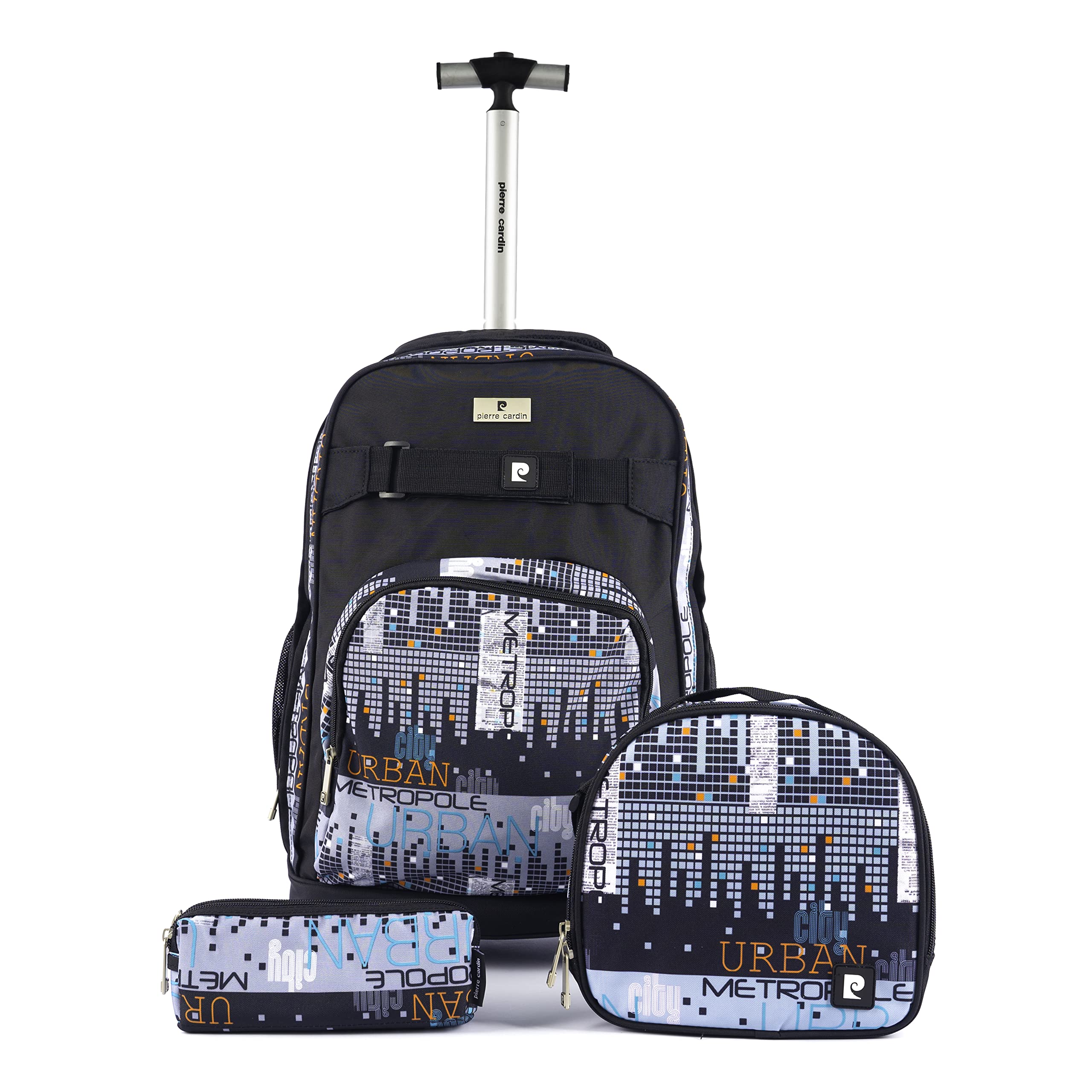 Pierre Cardin 3- Pieces Set 2-Wheeled Trolley School Backpack with Lunch Bag+ Pencil Case (PC23830-Black Urban City)