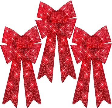 Best Choice Products Set of 3 Bows Pre-Lit Christmas Bow Decoration, Indoor/Outdoor LED Holiday Decor w/ 30 Lights, Outdoor Battery Box, Timer, 8 Light Functions - Red