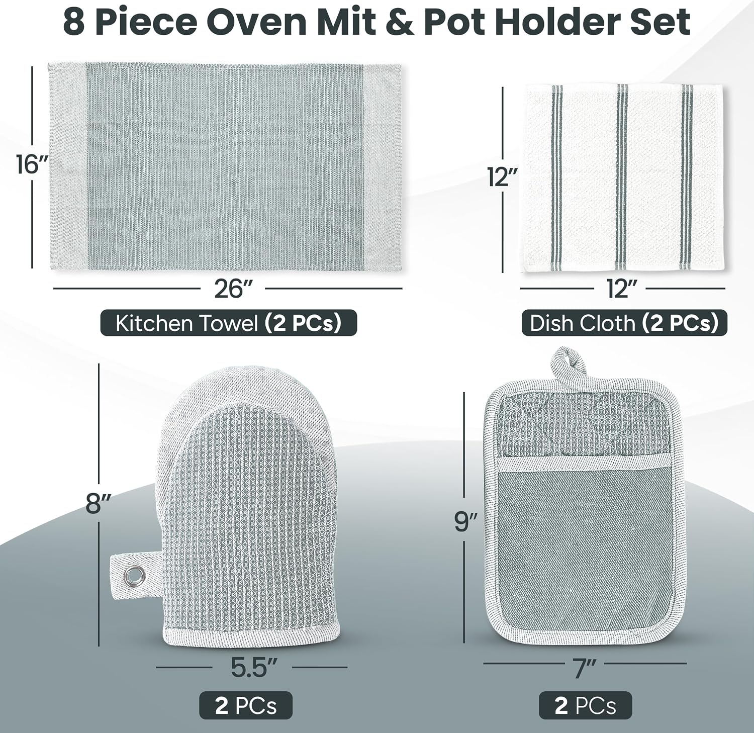 Casa Platino 8-Piece Mini Oven Mitt & Pot Holder Set – 500°F Heat Resistant with Silicone Grip, Includes 2 Kitchen Towels & 2 Dish Cloths for Drying – Non-Slip, Durable, Machine Washable – Grey image 2