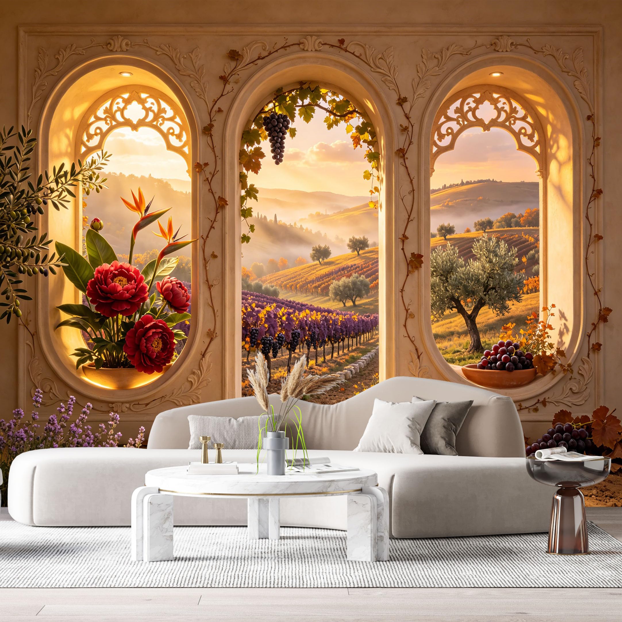 Custom Size Wall Murals Tuscan Vineyard Landscape Farmhouse 3D Trompe L'Oeil Peonies Grapes SelfAdhesive Wall Fabric Removable Large Wallpaper for Photo Living Room