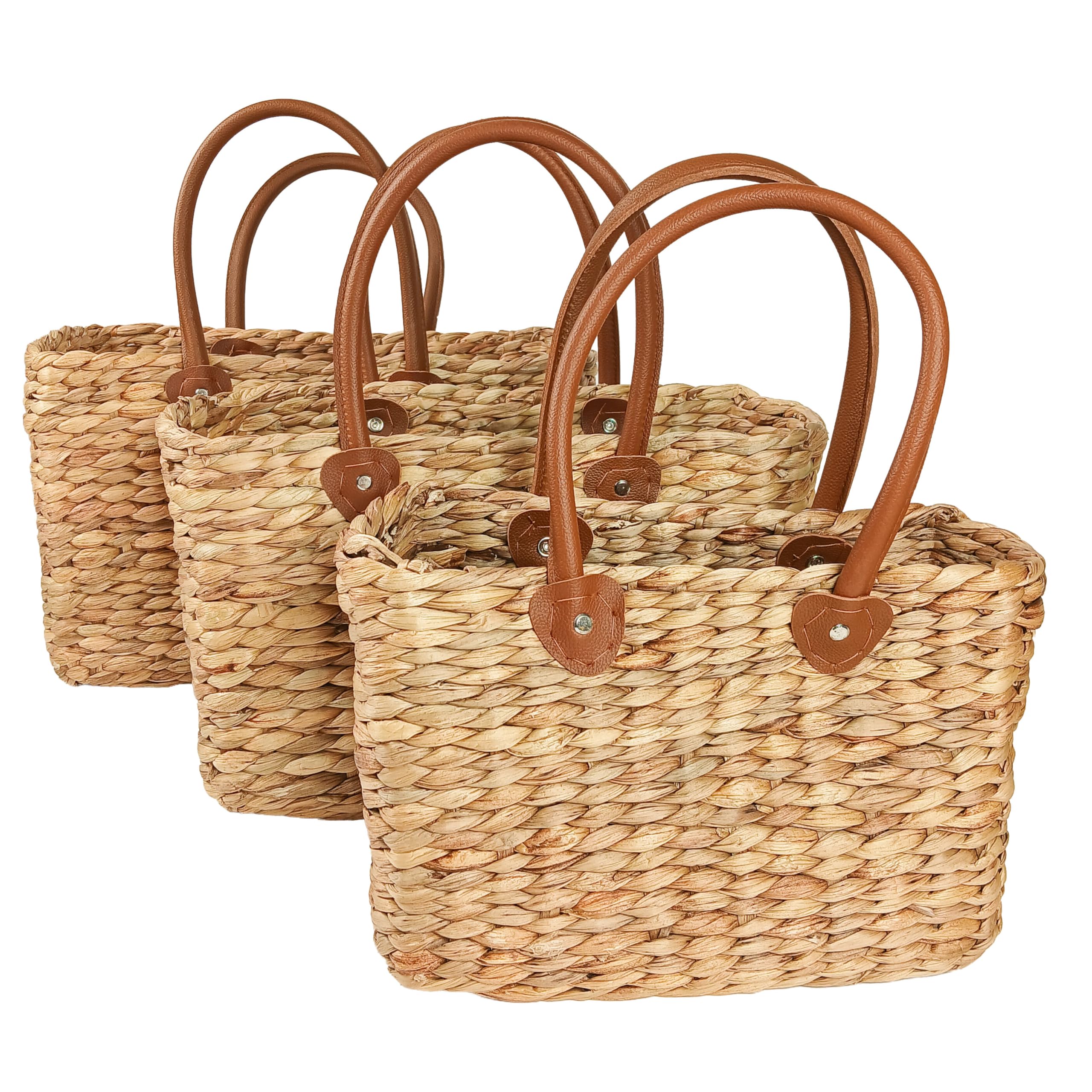 Kobolo Tasche Korbtasche Set aus Wasserhyazinthe Kunstlederhenkel eckig