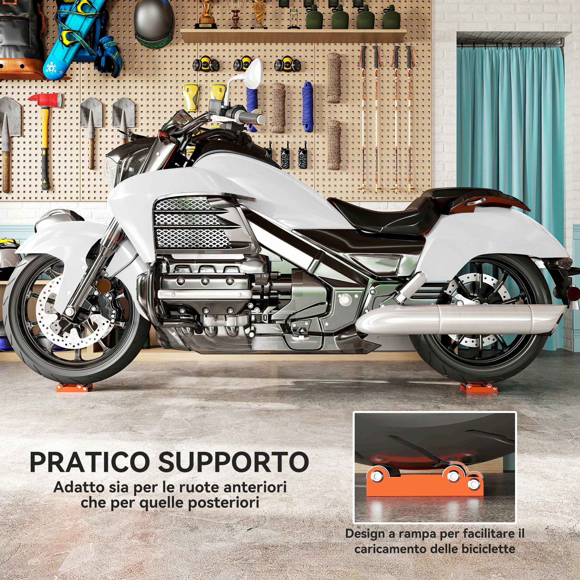HOMCOM Cavalletto Alzamoto con Capacità di 220 kg, Supporto per Moto con Sostegno Antiscivolo e 3 Rulli, Rullo per Pulizia Ruote Moto in Acciaio e Alluminio per Garage e Officina, Arancione