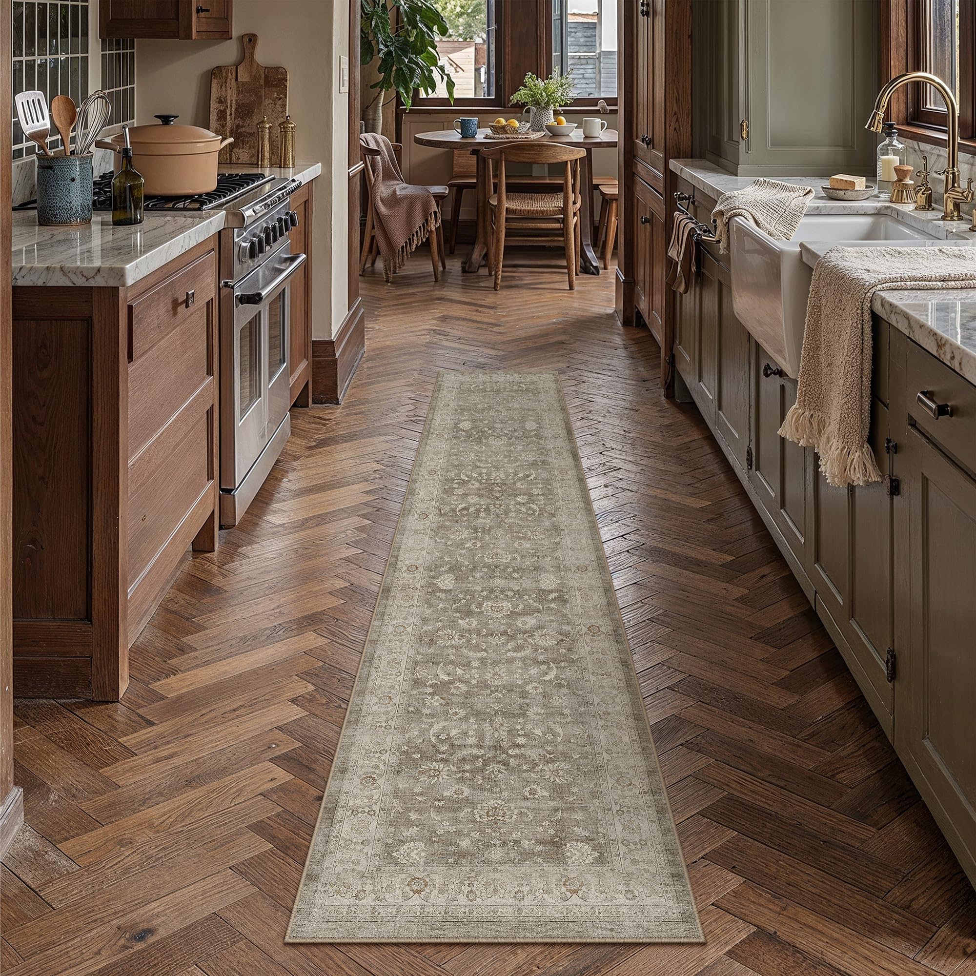 PureCozy Brown Gray Runner Rug 2x8 Vintage Floral Distressed