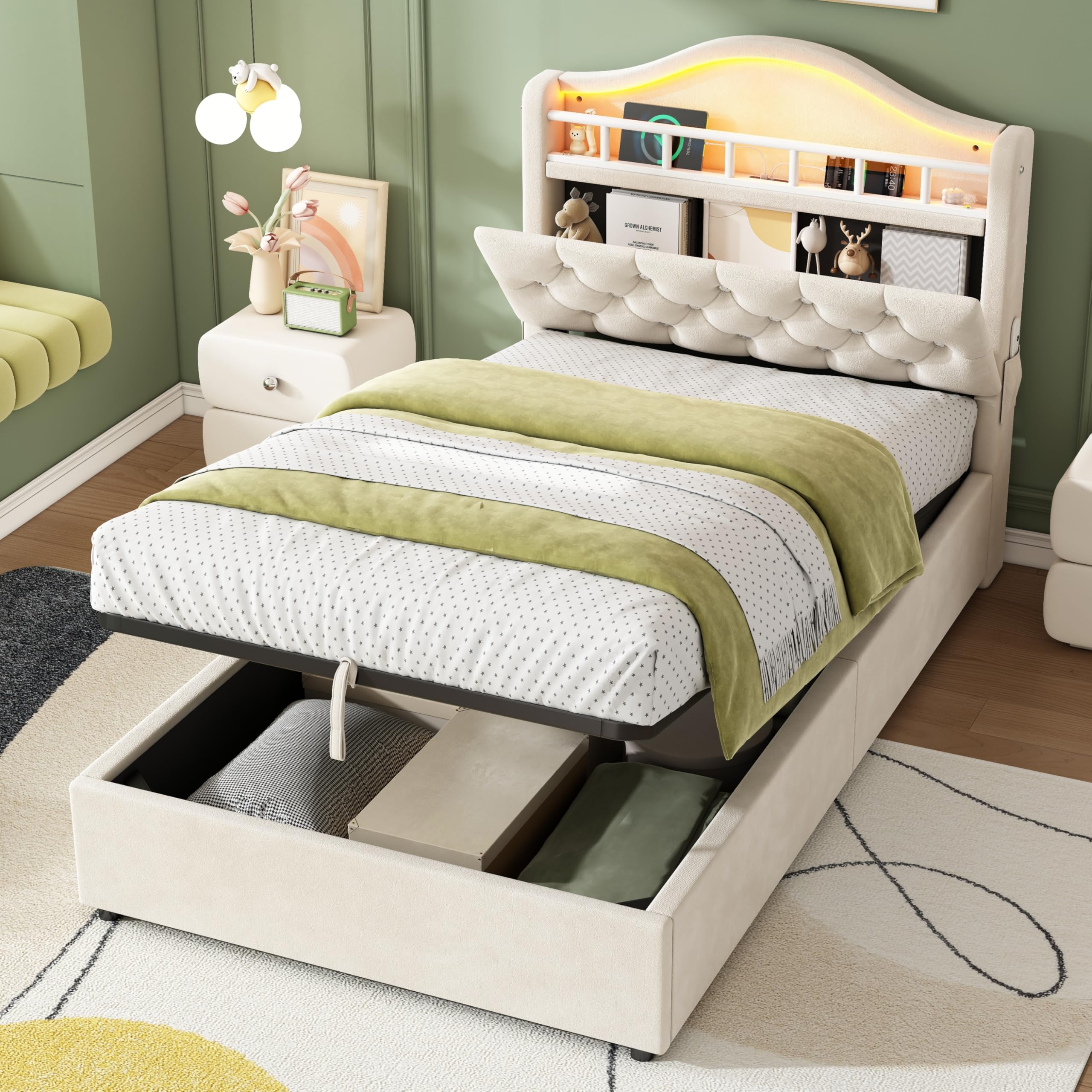 Miyemo Single Bed Frame with Storage, Ottoman Upholstered Bed Frame with Headboard Storage & Hydraulic, 3ft Velvet Single Bed Frame with LED-Lighting & Charging-Station, 90x190cm, Beige, (No Mattress) — image 1