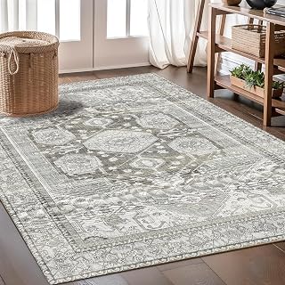 Teppich 120x160 cm grau, Kurzflor Vintage Orientteppich mit floralem Medaillon Boho-Muster, waschbar, rutschfest, faltbar und pflegeleicht für Wohnzimmer, Kinderzimmer, Leseecke, unter Couchtisch