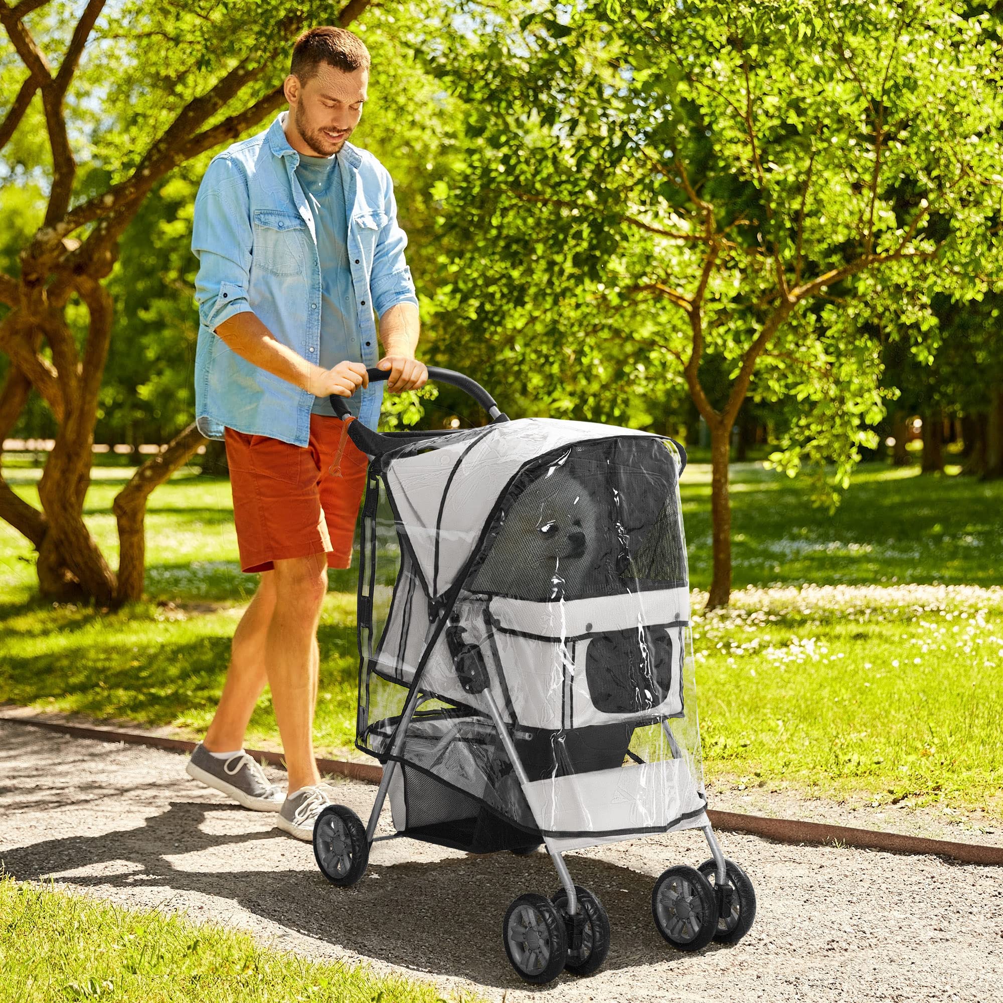 PawHut Poussette Buggy Pliable Animaux, Chariot Pliante Imperméable pour Chien et Chat, Porte-Gobelet, Panier de Rangement Inclus, Roues avec Frein, Tissu 600D Oxford, Toit Amovible Incluse, Gris