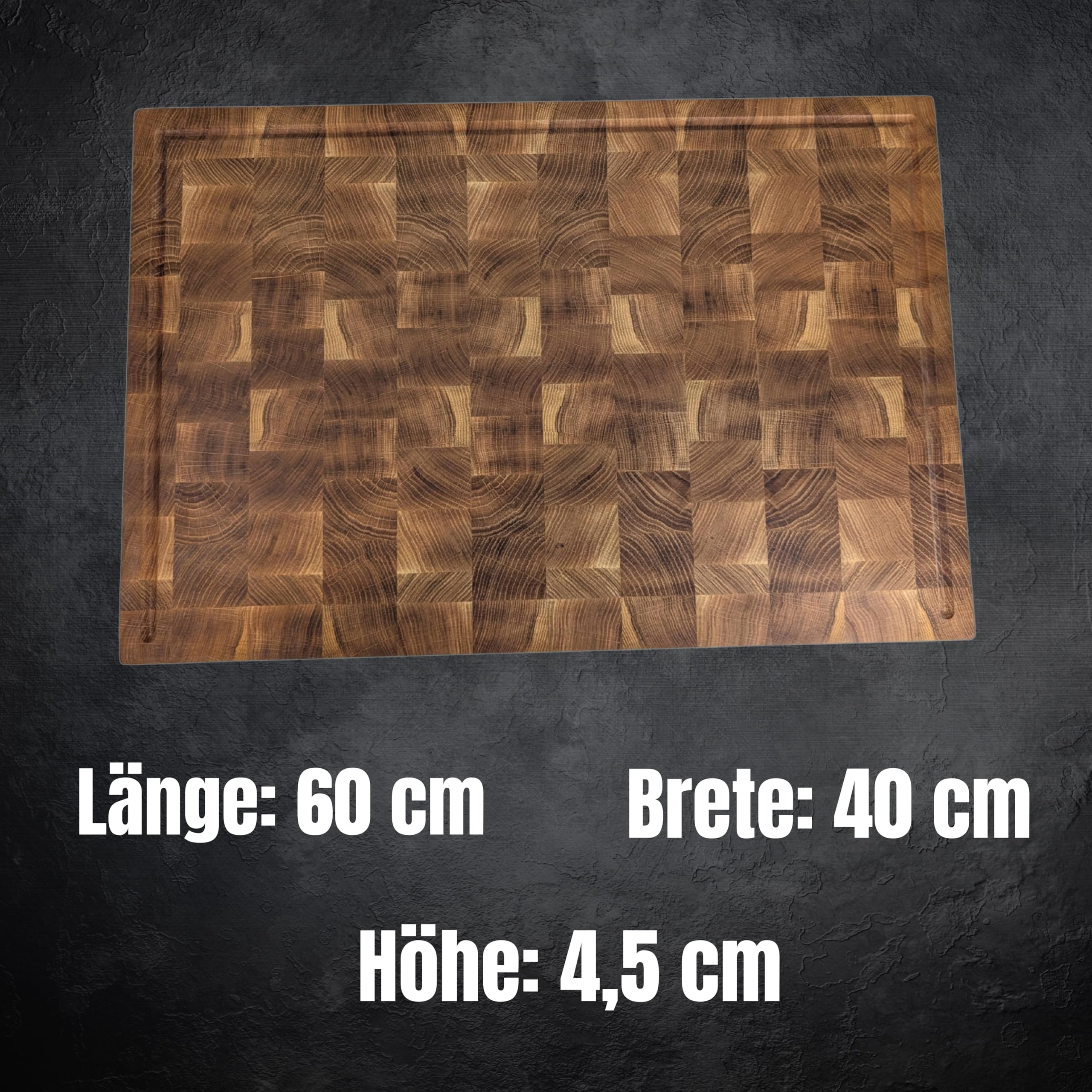 Hackblock Stirnholz XXXL Premium Schneidebrett Eiche 60x40x4,5 cm – Tranchierbrett mit Saftrillen, Rutschfeste Füße, Langlebiges Küchenbrett aus hochwertigem Eichenholz