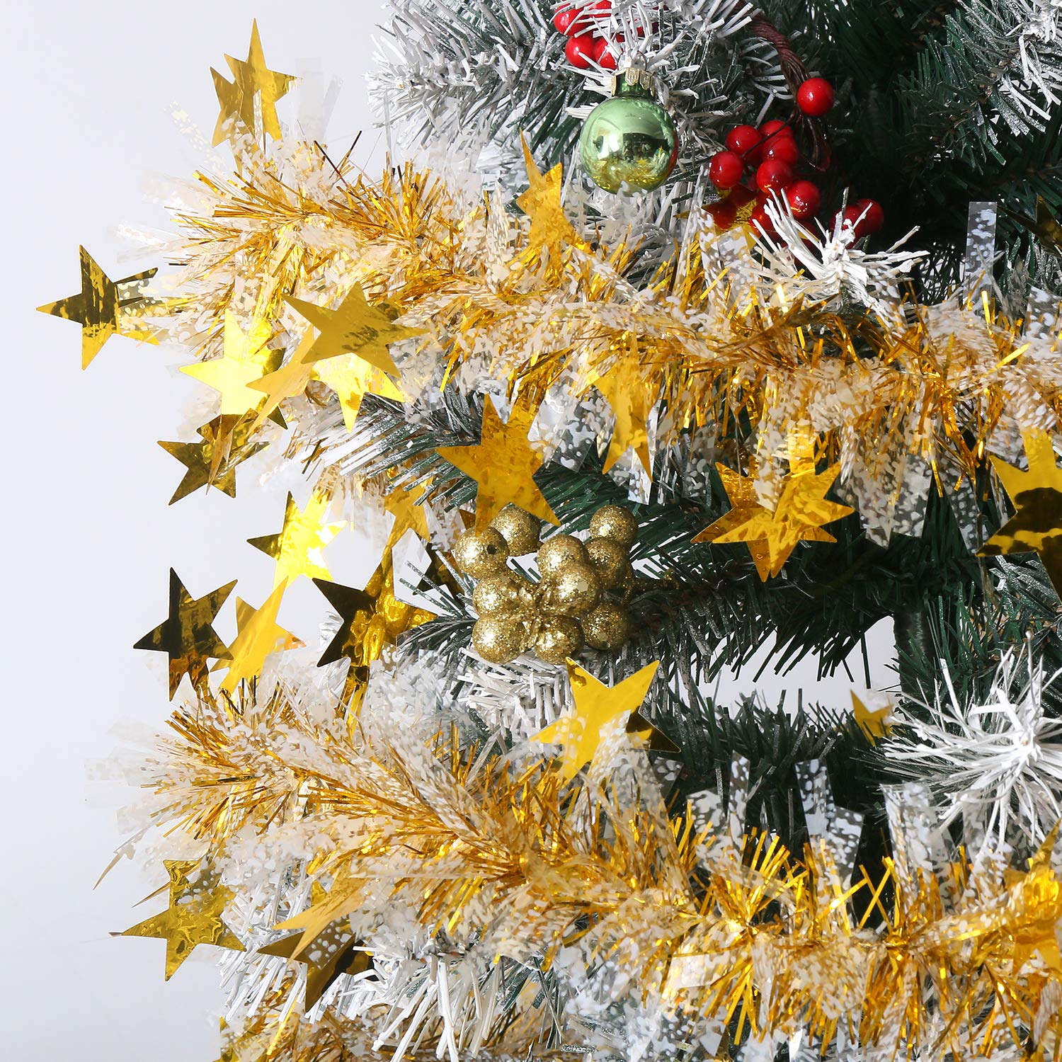 Guirnalda de espumillón para Navidad, Guirnalda de oropel navideña, oropel Grueso de 32,8 pies(Gold Star Tinsel)