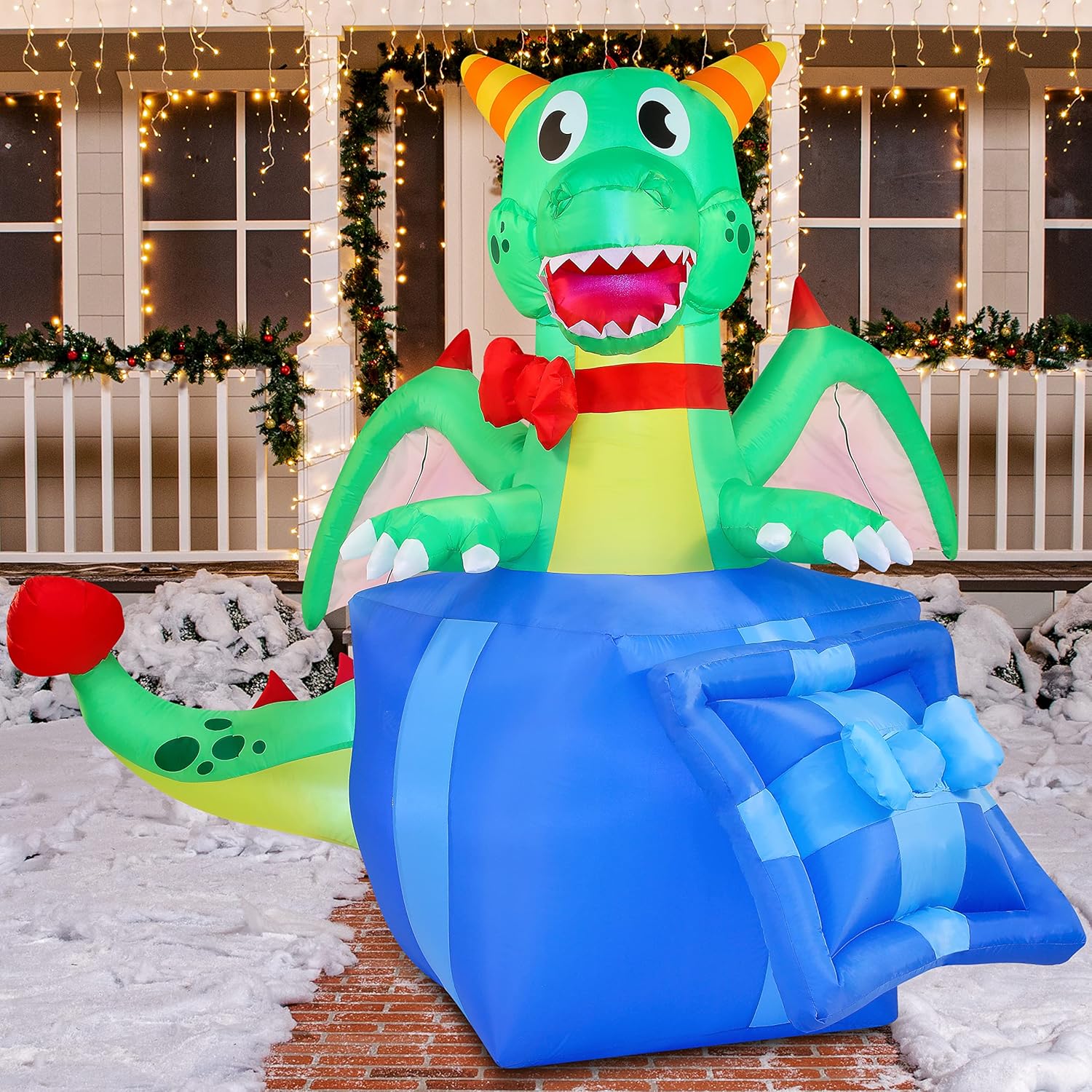 Joiedomi 6 FT Christmas Inflatable Dragon in A Gift Box, Christmas Inflatable with Build-in LEDs Blow Up Inflatables for Christmas Party, Outdoor, Yard, Garden, Lawn Winter Decorations