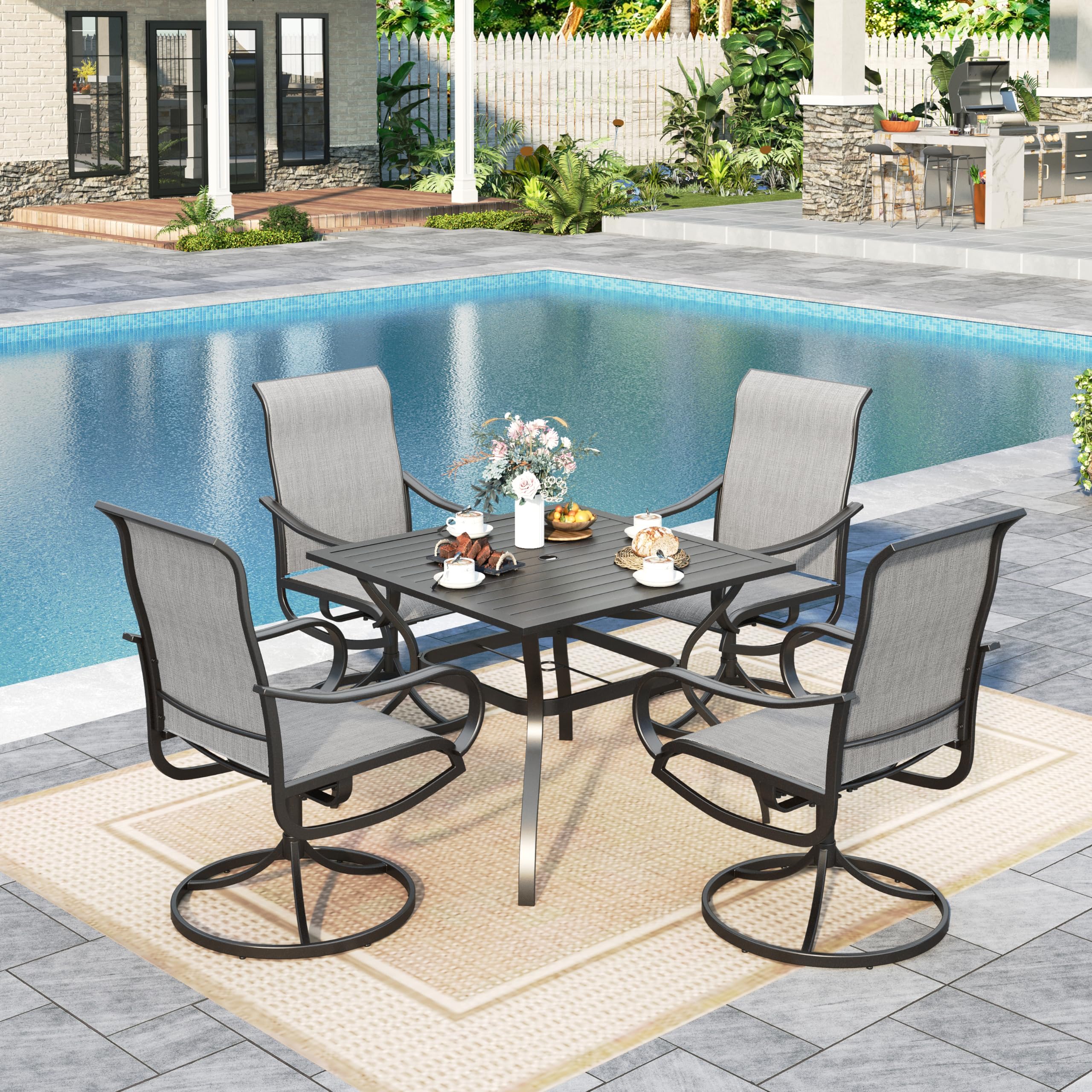 Sophia &amp; William Patio Dining Set for 4, Square Table &amp; Grey Swivel Chairs