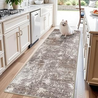3x8 Non-Slip Washable Hallway Runner Rug – Abstract Modern Neutral Wide Carpet Runner for Kitchen, Entryway, Bedroom, Living Room with Rubber Backing – Low-Pile Thin Soft Throw Rug (Brown Beige,3x8)
