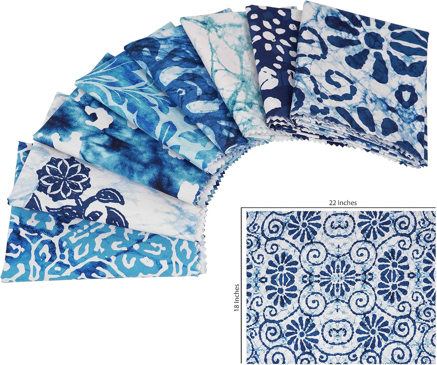 Soimoi 8 Pc Fat Quarter Bundle, Batik Print 18"x 22" DIY Patchwork- 100% Cotton Pre-Cut Quilting Fabric Medium Blue