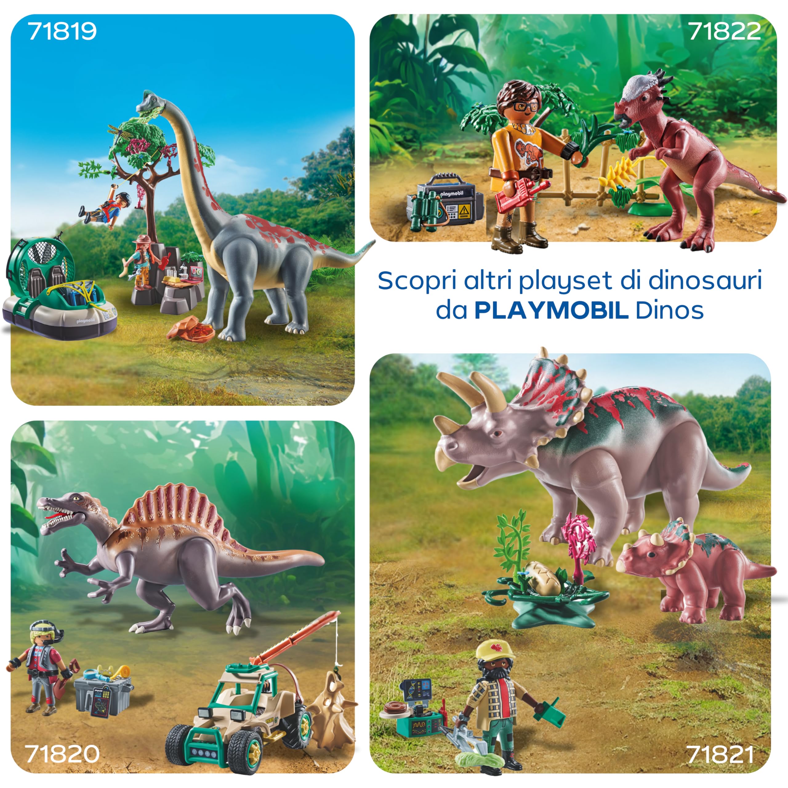 PLAYMOBIL | Dinos | Dinosauri Hideout | Dino Explorer con Quad, Baby T-Rex e Baby Brachiosaurus | Giocattolo per bambini dai 4 anni in su | 72069