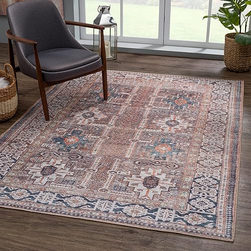 Washable 3' x 5' Rug - Brown/Blue/Orange Traditional Area Rug