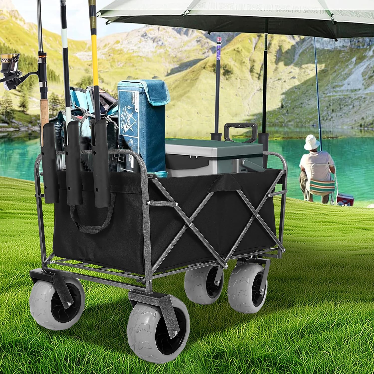 Fishing Cart with 5 Rod Holders, 500lbs Capacity Collapsible Beach Wagon with 9" All-Terrain Wheels & Multiuse Bag, Heavy-Duty Steel Frame Utility Cart for Shopping, Camping, Sports, Black