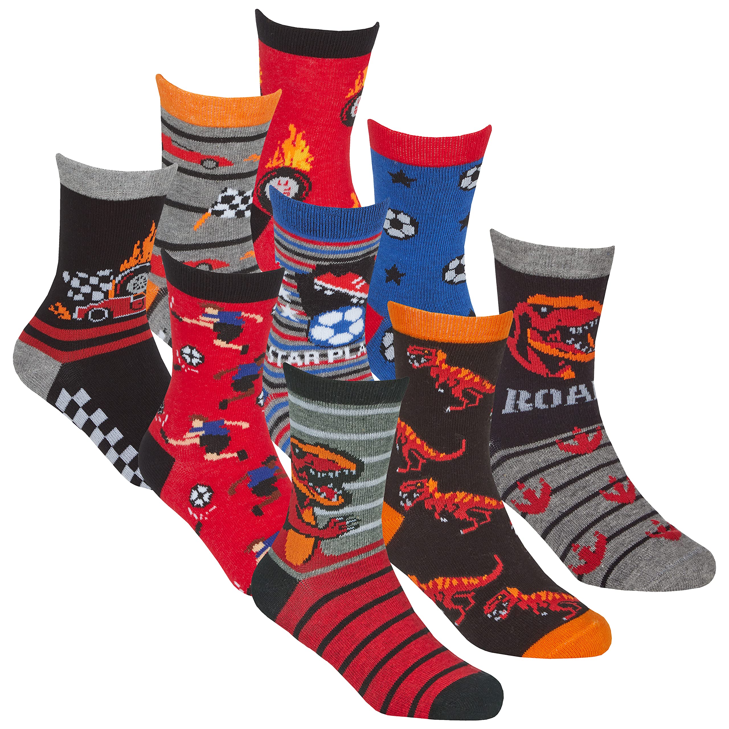 Metzuyan 9 Pairs Boys Novelty Cotton Rich Socks Dinosaurs Space Stars Monster Skulls New