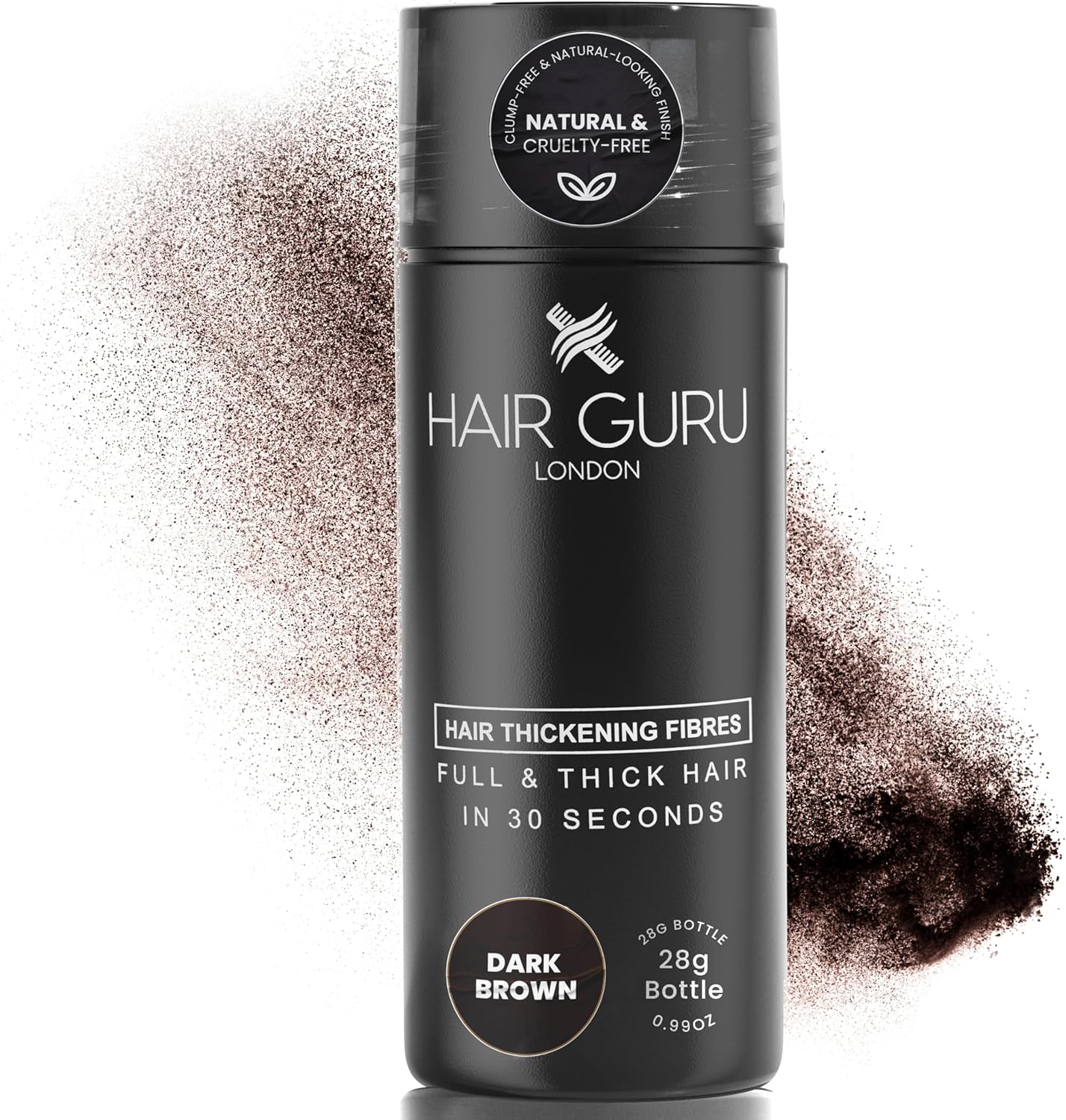 Hair Guru London Hair Fibres – 28g Bottle – Instant Thickening Cotton Hair Fibres – Covers Bald Spots and Thinning Hair – Waterproof Hair Powder Concealer – Unisex – Dark Brown