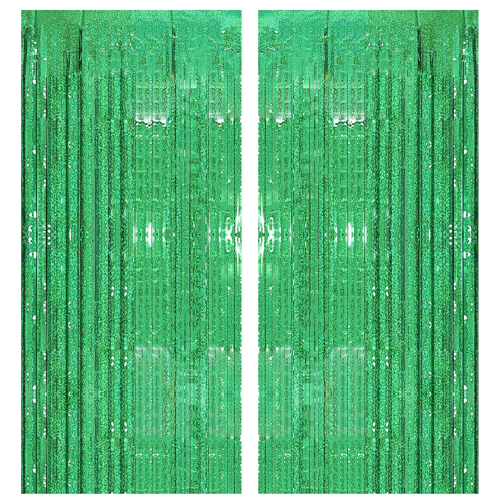 2 Pack 3.2ft x 8.2ft Green Foil Fringe Curtain, Metallic Tinsel Foil Fringe Rain Curtain Streamers Photo Backdrop for St Patricks Day Decorations Birthday Christmas Jungle Safari Tropical Party Decor
