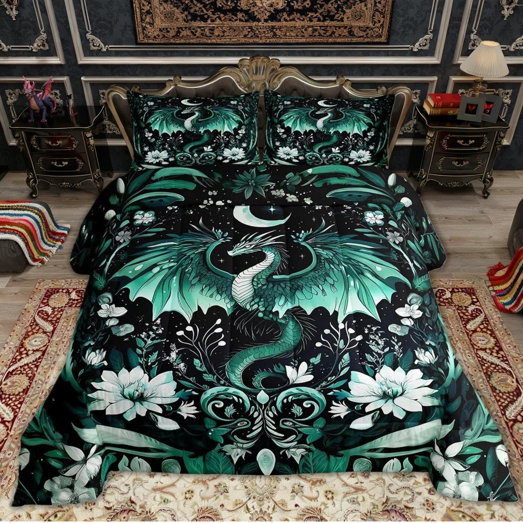 Feelyou Kids Dragon Comforter Set Queen Size, Green Dragon Bedding Set for Kids Boys Girls Boho Duvet Insert Room Decor 3Pcs