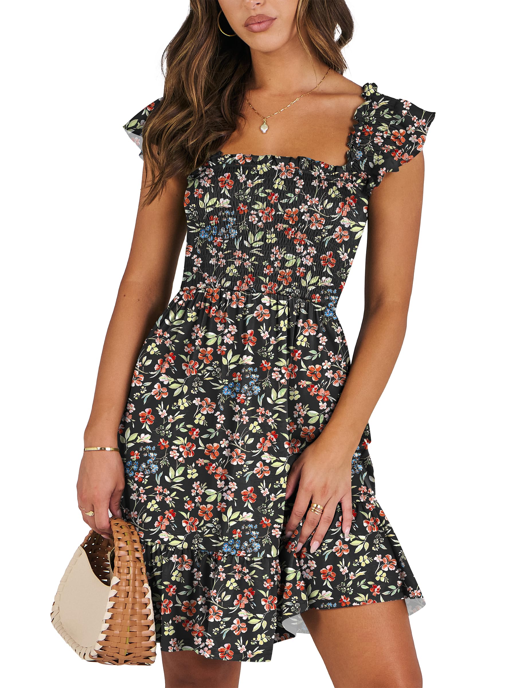 ANRABESSWomen's Summer Casual Sleeveless Square Neck Dress 2025 Smocked Ruffle Backless Boho Beach Cute Teen Short Sundress