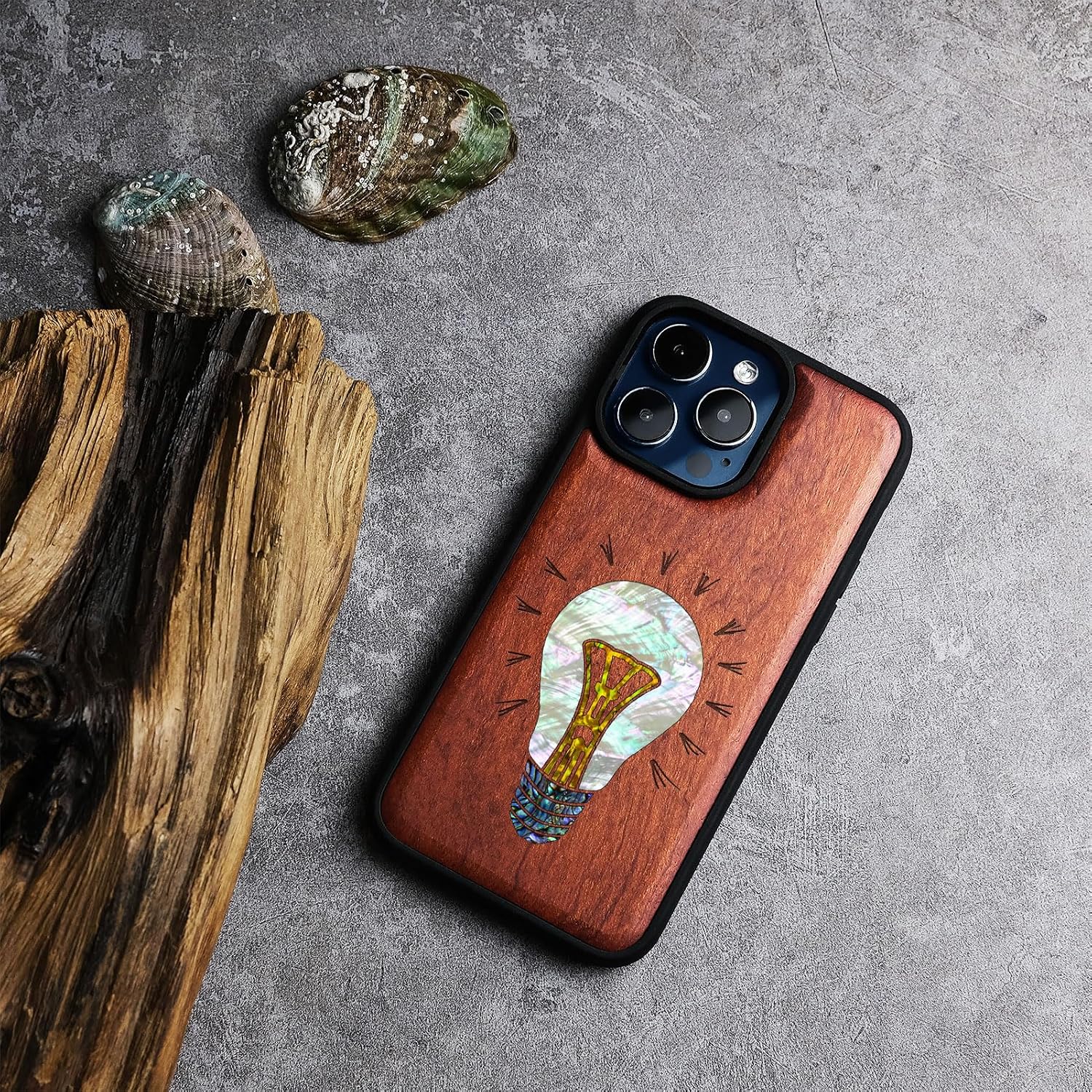 Carveit Wooden Case for iPhone 15 Pro Max Magnetic Case, Compatible with MagSafe Wireless Chargers, Shockproof Cover, Handmade Shell Inlaid & Wood Artisan Engraved (The Simple Light Bulb-Rosy)