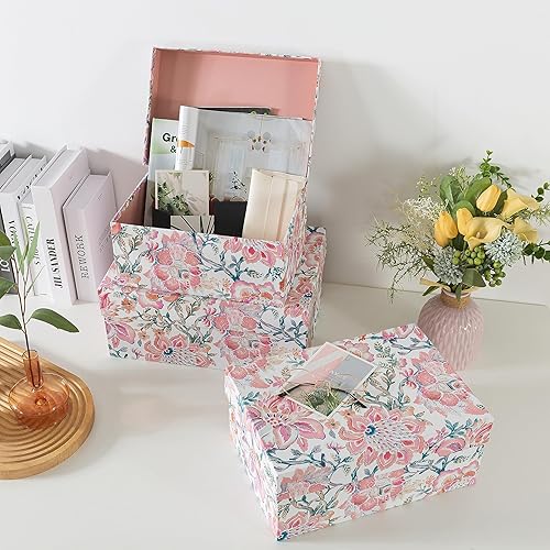 Miniatura 7 de Soul & Lane Cajas de almacenamiento decorativas con tapas con bisagras, chinoiserie rosa, juego de 3 cajas de recuerdo floral con tapas,