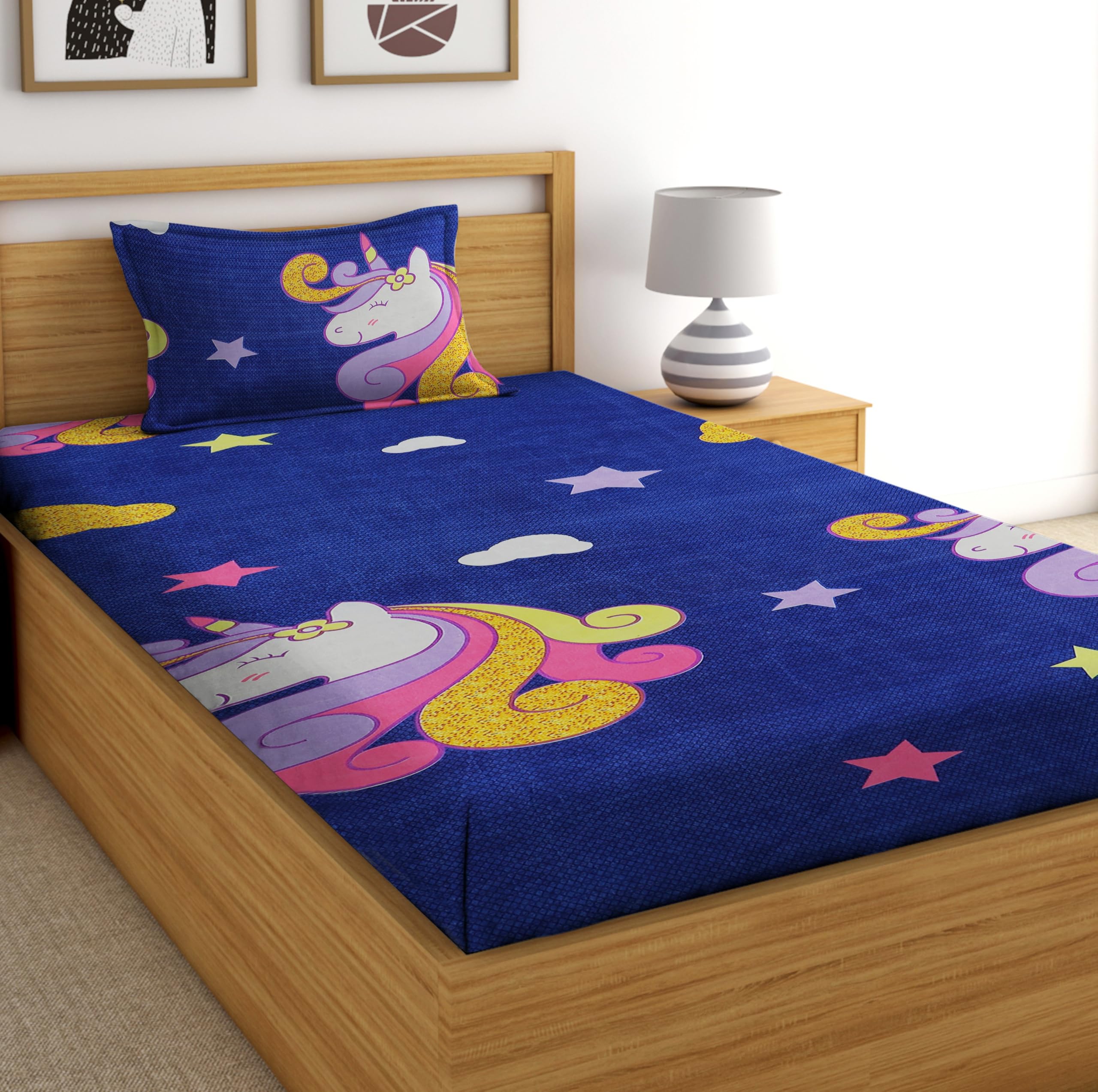 DECORUM Glace Cotton All Around Elastic Fitted Single Bedsheet (72"x48") with 1 Pillow Cover | Soft, Smooth & Wrinkle-Free Fabric | Fits Up to 6" Mattress | 200-220 TC