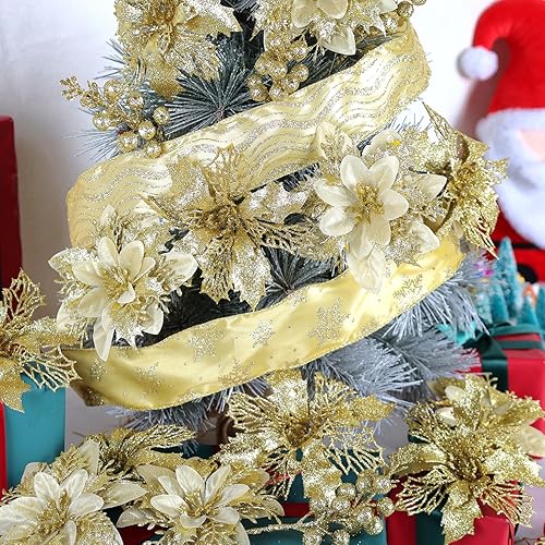 Miniatura 4 de Juego de 24 decoraciones doradas para árbol de Navidad, flores de Pascua artificiales, juego de decoración de cinta de Navidad para árbol de Navidad