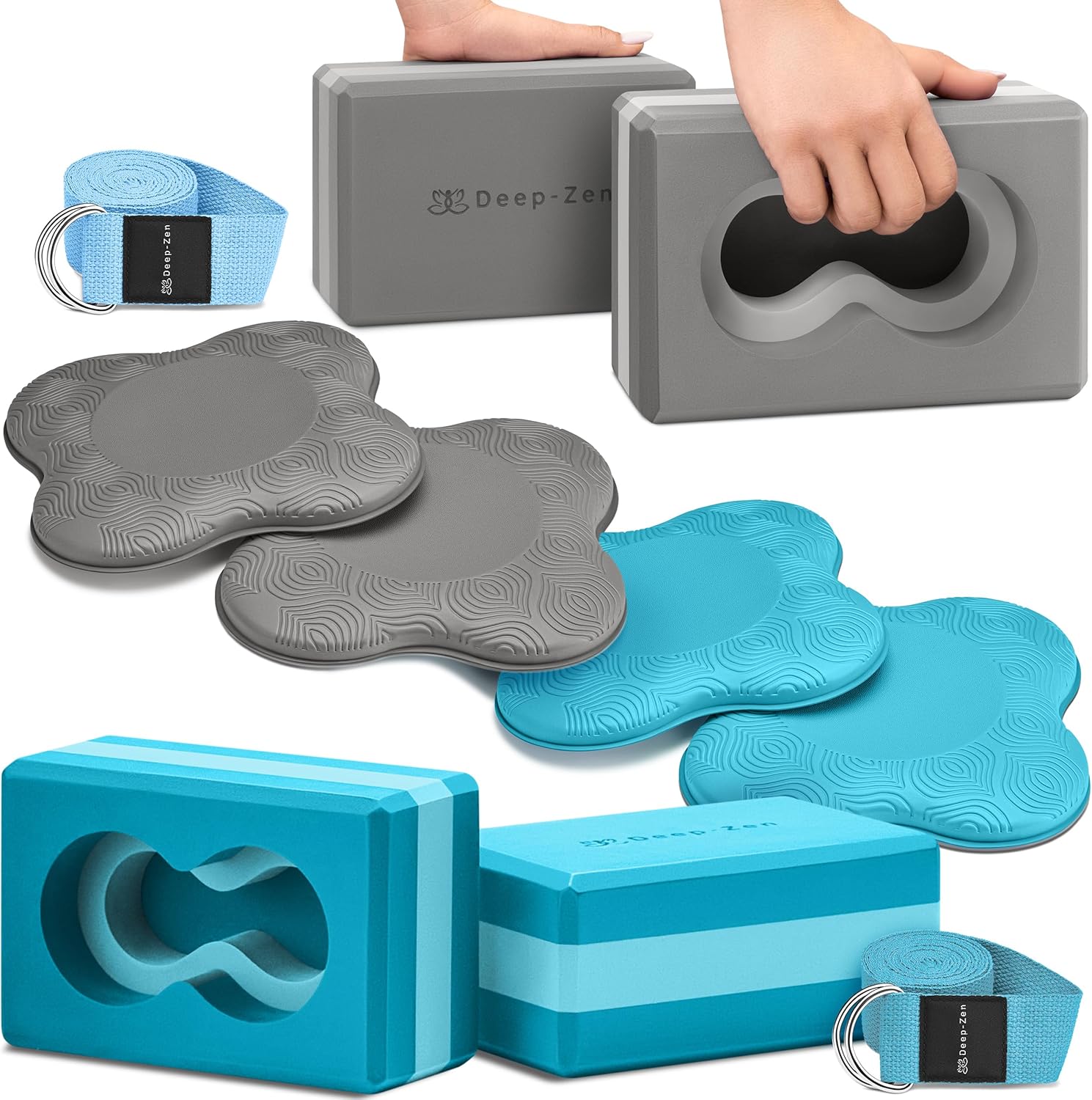 Yoga Blocks Wrist Support: 2x Yoga Blocks 2 Pack with Strap and Knee Pads | EVA Foam Exercise Blocks, 4 Knee Pads & 2 Yoga Straps | Pilates Block Yoga Brick Bundle of 2 Sets: Gray + Blue