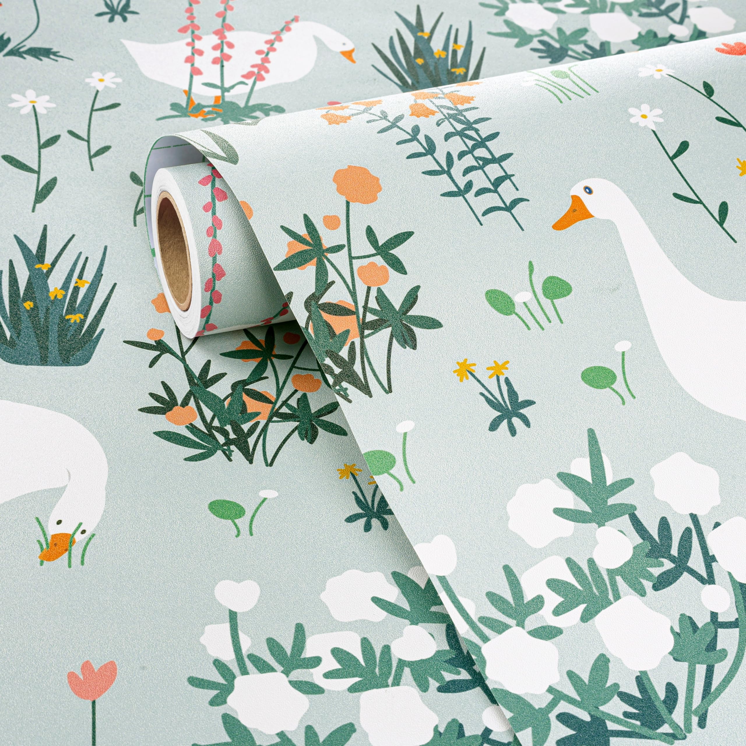 FunStick 44.5CMx9M Papel Pintado Autoadhesivo Botanico Vinilo Adhesivo Flores Pequeñas Verde Azul Revestimiento Pared Gansos Blancos en Los Prados Papel Adhesivo para Habitación Baño Verde Pálido Azul