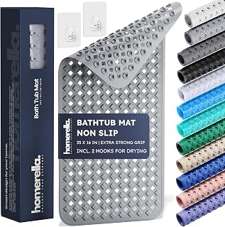 homerella® 35x16 Extra Long Non-Slip Bathtub Mat with Drying Hooks, BPA-Free Vinyl, Anti-Mold, Machine Washable Shower Mat