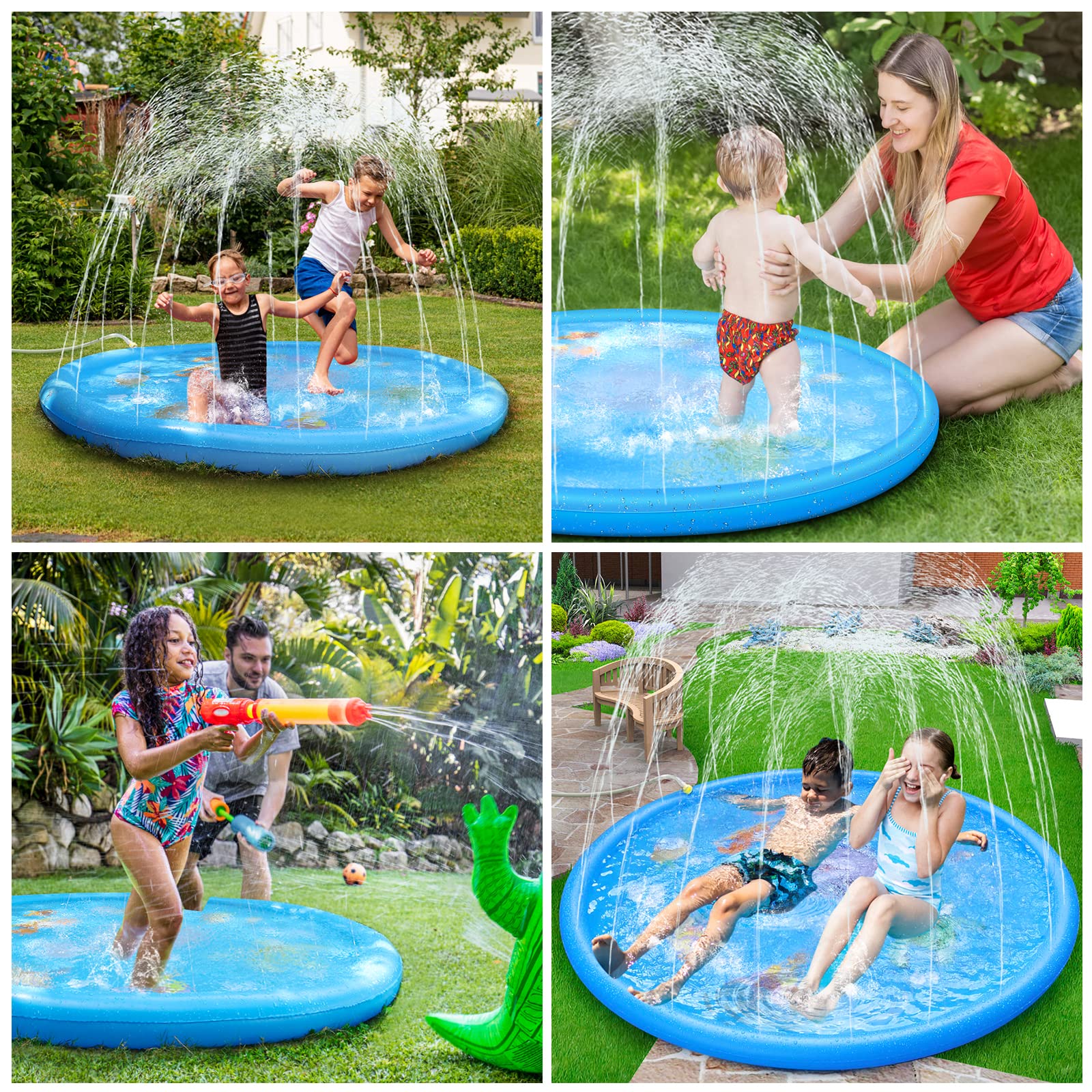 Anpro 170CM Splash Pad, Sprinkler Wasser-Spielmatte Splash Play Matte mit 15 Anti-Rutsch-Streifen, Sommer Garten Wasserspielzeug für Baby, Kinder, Hund und Haustiere