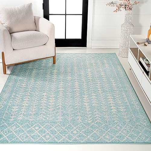 JONATHAN Y Ziri Moroccan Geometric Turquoise/Cream Indoor Area Rug, 8x10, Bohemian, Scandinavian, Easy-Cleaning for Living Room, Bedroom, Kitchen, Pet Friendly, Non-Shedding (MOH210E-8)