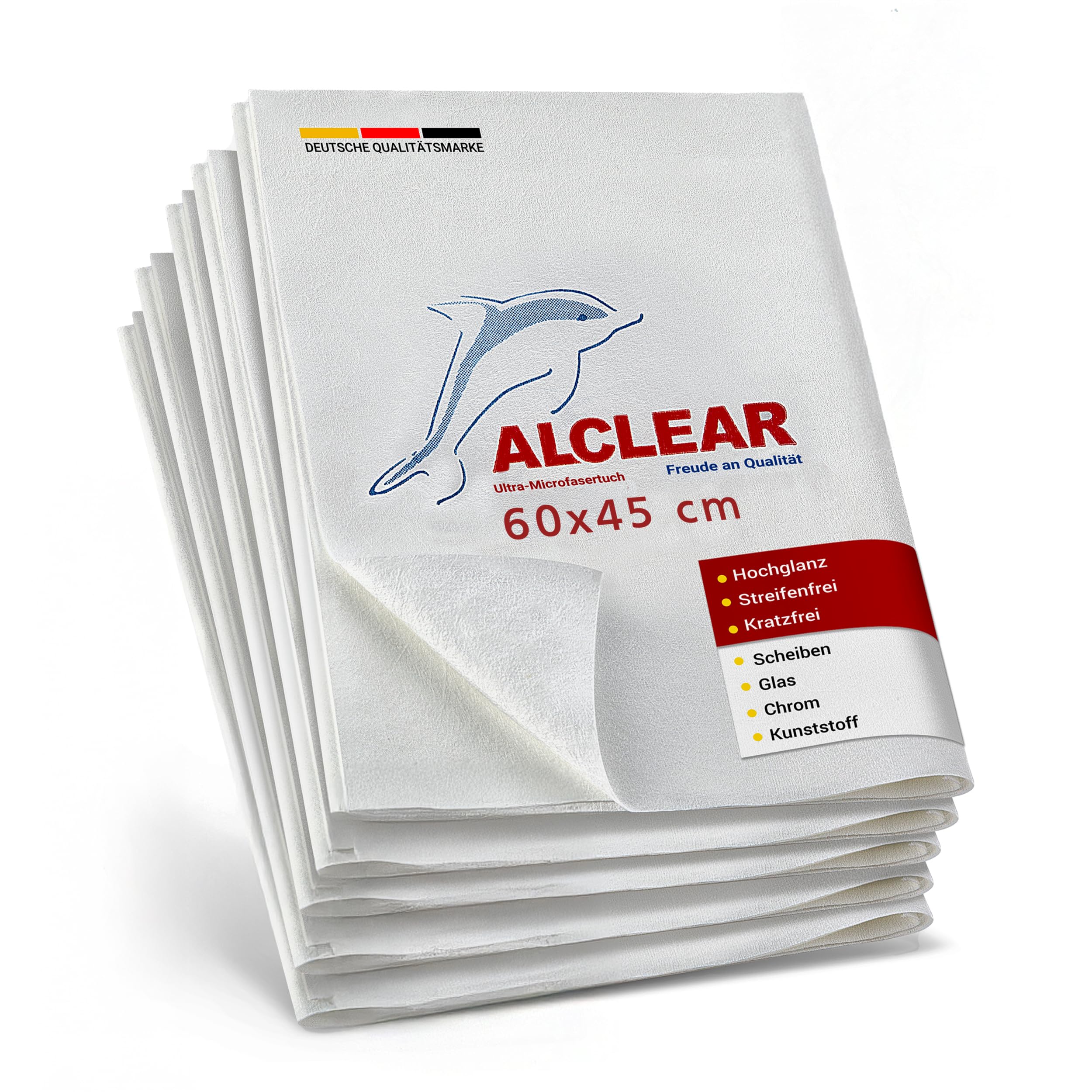 ALCLEAR Mikrofaser Scheibentuch Set – 5er-Pack Fenstertücher 60×45 cm, streifenfreie Glastücher – fusselfrei, spart Zeit ohne Nachtrocknen – Designed in Germany – für Haushalt & Autoscheiben