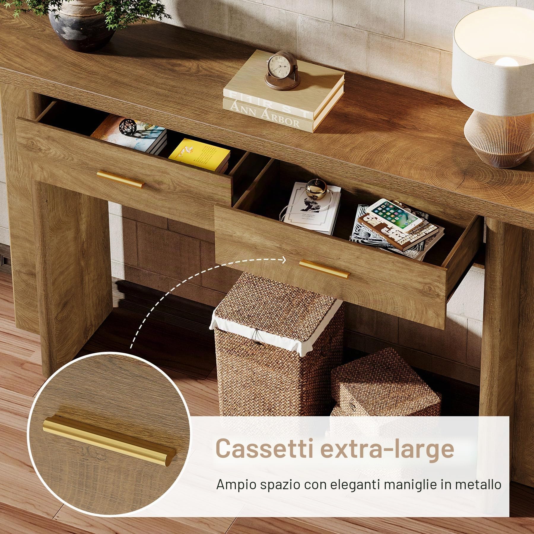 Tribesigns Tavolino consolle con 2 cassetti, 160 cm, in stile rustico, ovale, con vano portaoggetti, per soggiorno, corridoio e ingresso, marrone