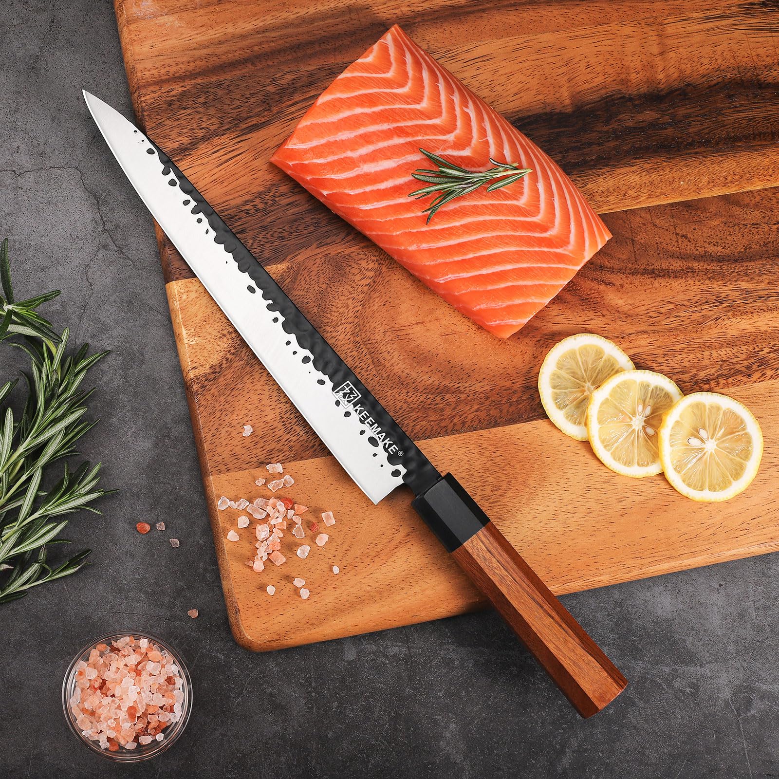 KEEMAKE Profi Sushi Messer 25 cm – Japanisches Sashimi Klingen-Extra Scharf – Yanagiba Fischmesser & Filetiermesser aus Hochkohlenstoffstahl – mit Holzgriff und Geschenkbox, vatertagsgeschenk